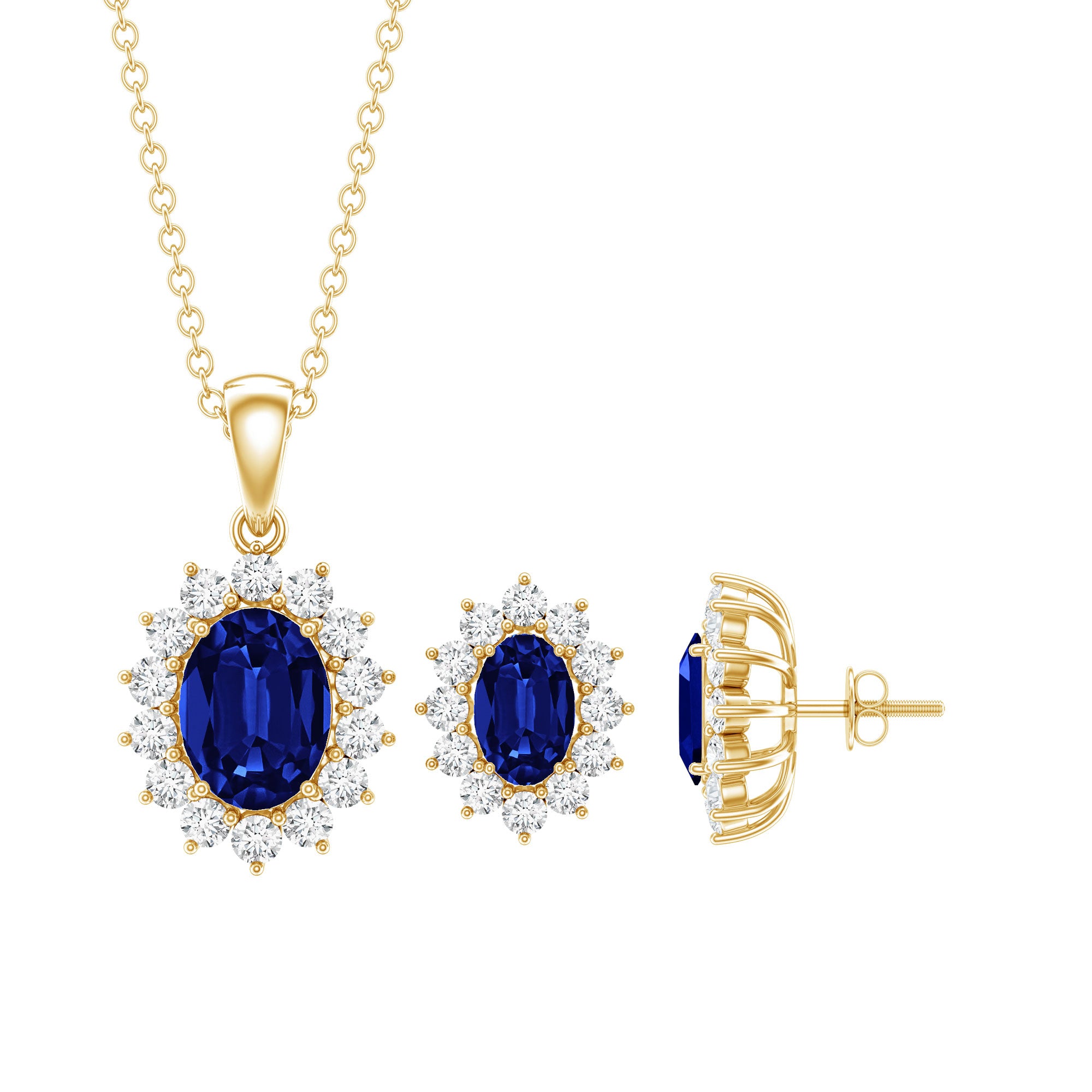 Classic Oval Cut Created Blue Sapphire and Moissanite Halo Jewelry Set AAAA - Rosec Jewels