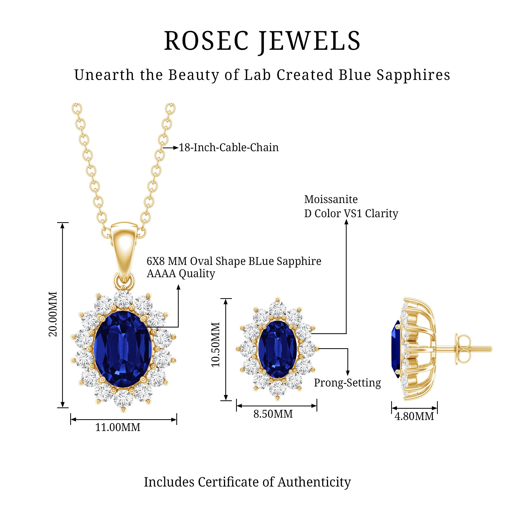Classic Oval Cut Created Blue Sapphire and Moissanite Halo Jewelry Set AAAA - Rosec Jewels