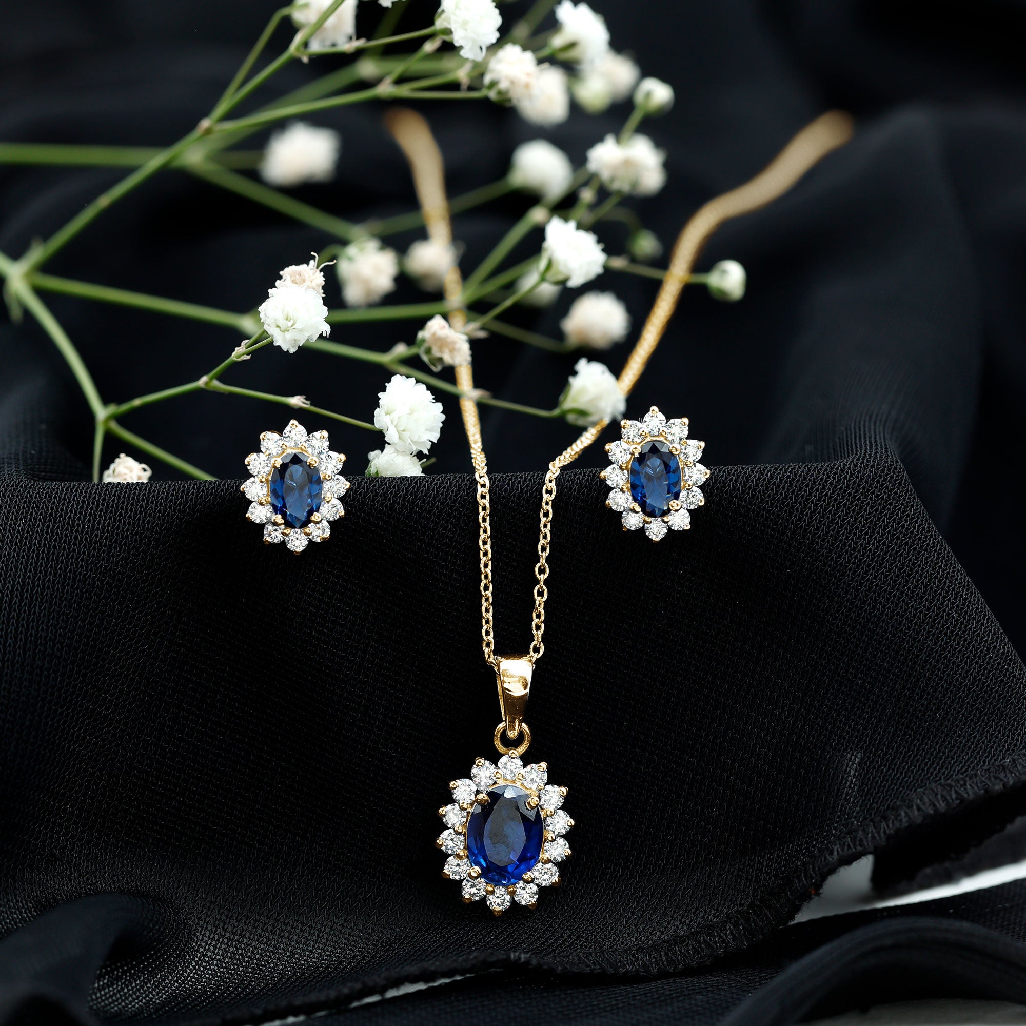 Classic Oval Cut Created Blue Sapphire and Moissanite Halo Jewelry Set AAAA - Rosec Jewels