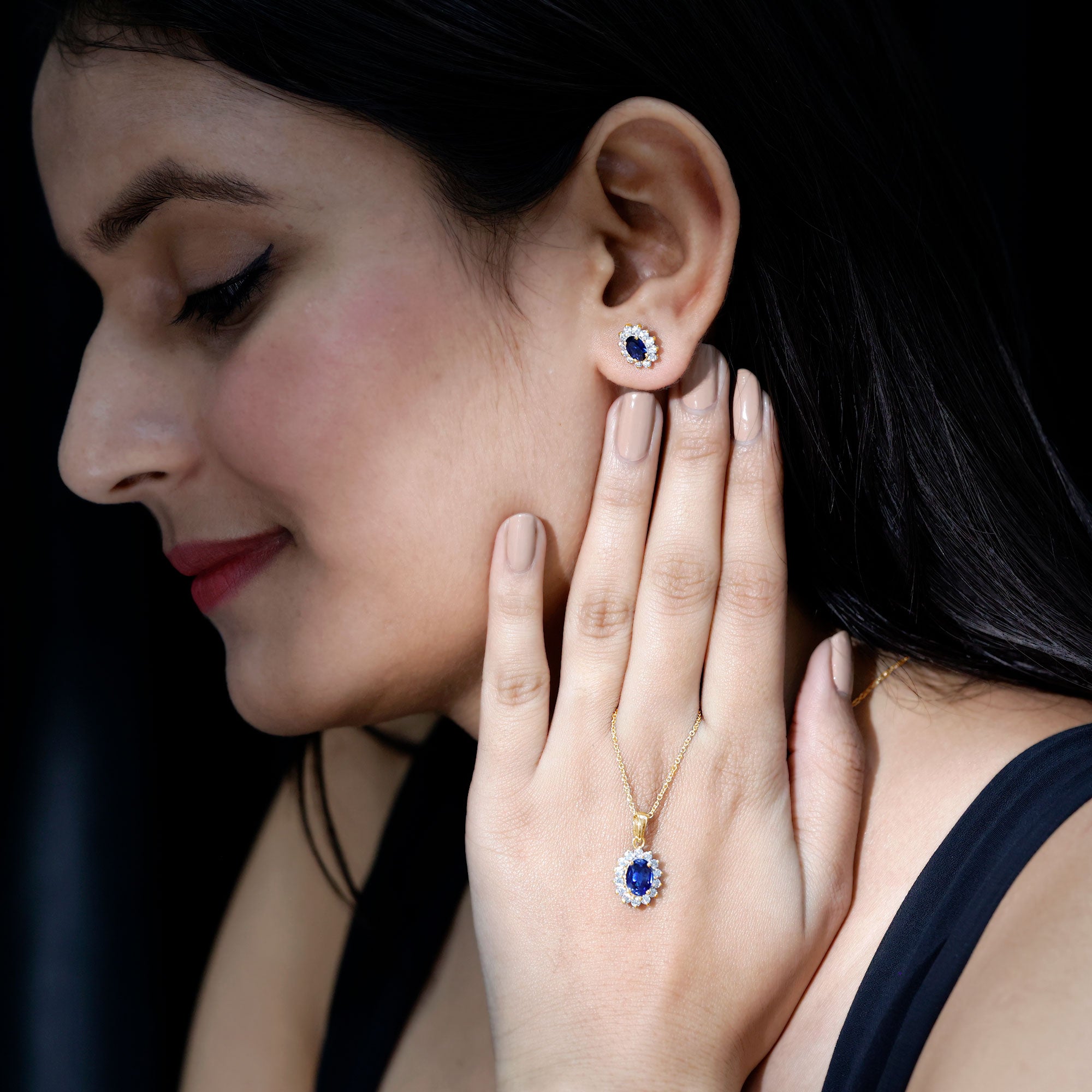 Classic Oval Cut Created Blue Sapphire and Moissanite Halo Jewelry Set AAAA - Rosec Jewels