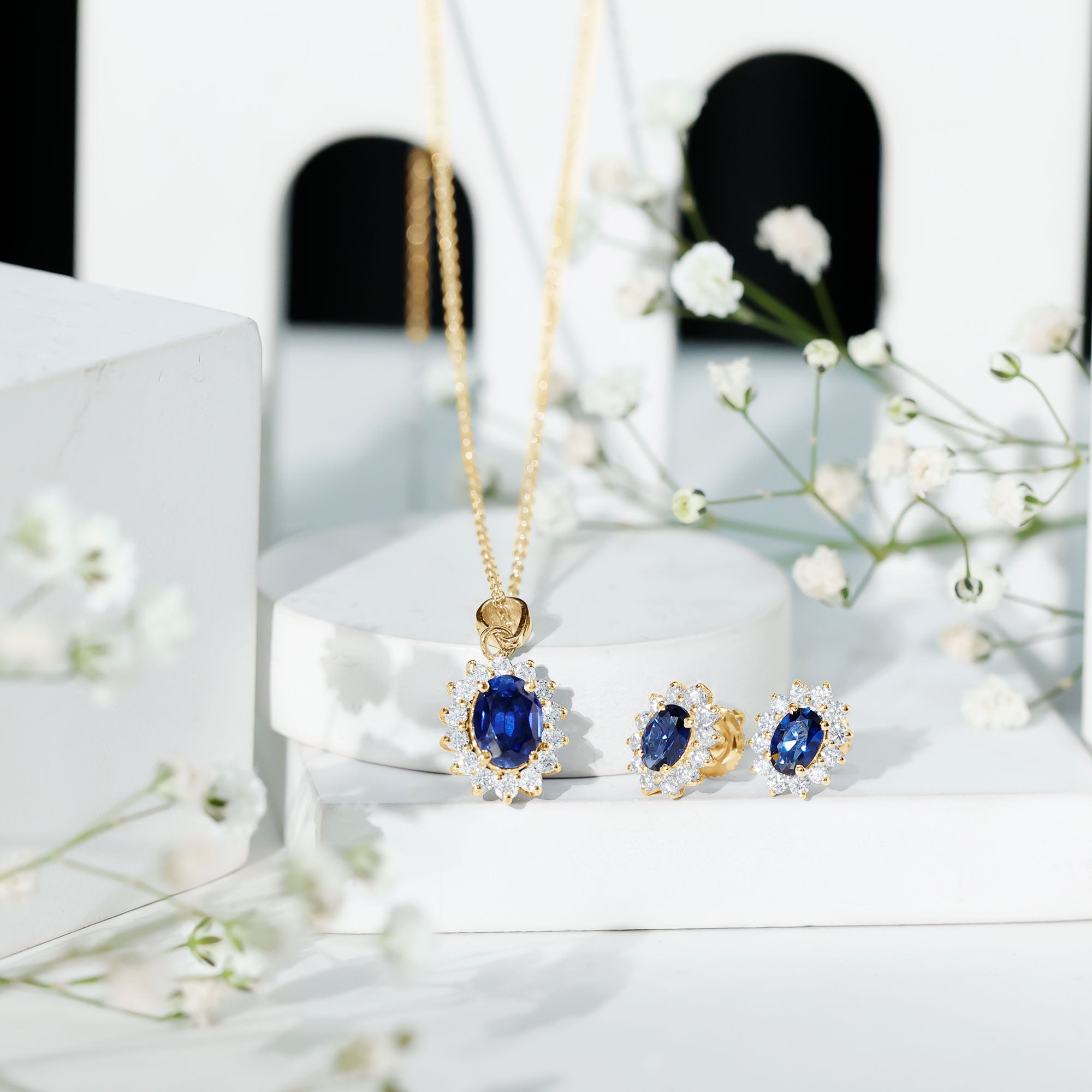 Classic Oval Cut Created Blue Sapphire and Moissanite Halo Jewelry Set AAAA - Rosec Jewels