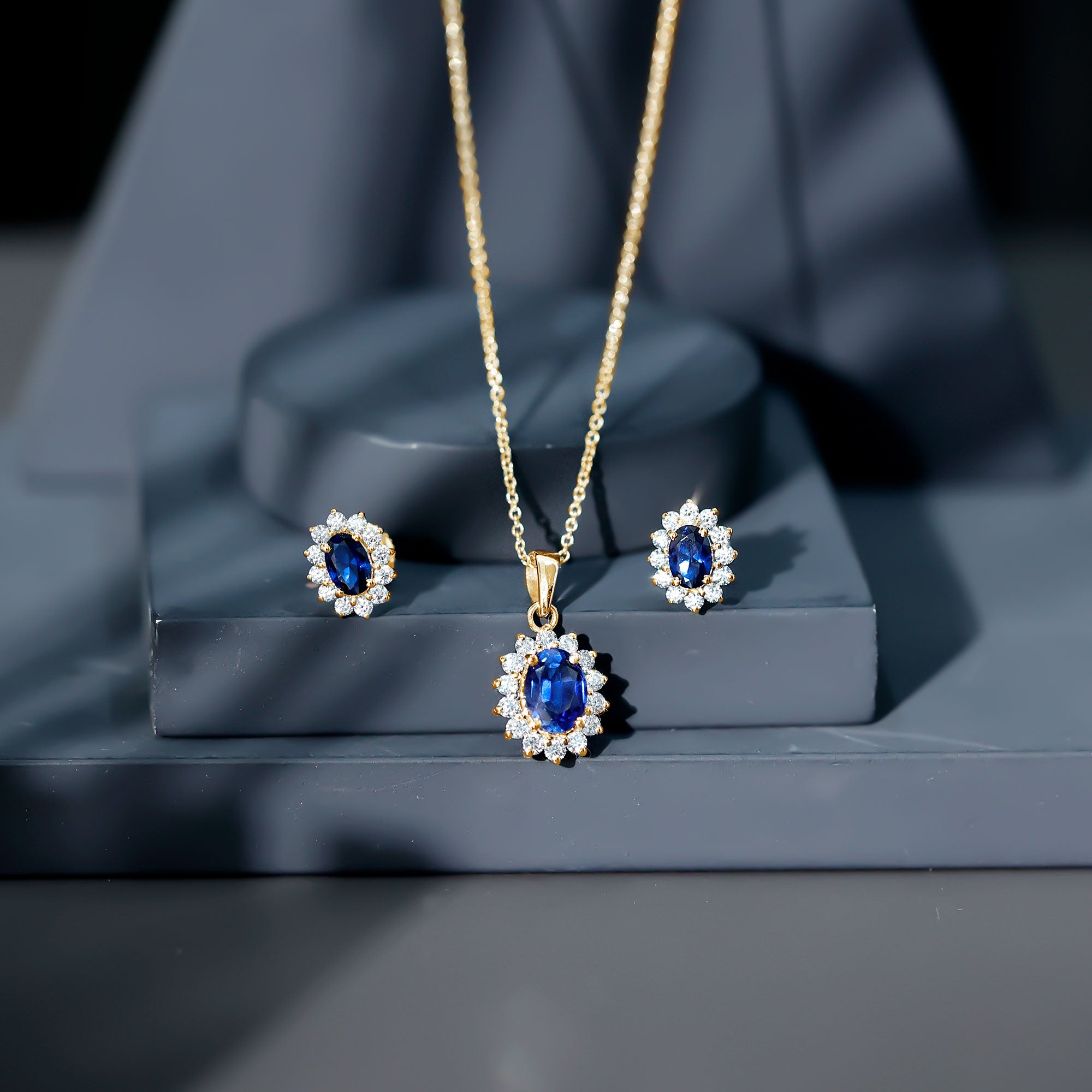Classic Oval Cut Created Blue Sapphire and Moissanite Halo Jewelry Set AAAA - Rosec Jewels