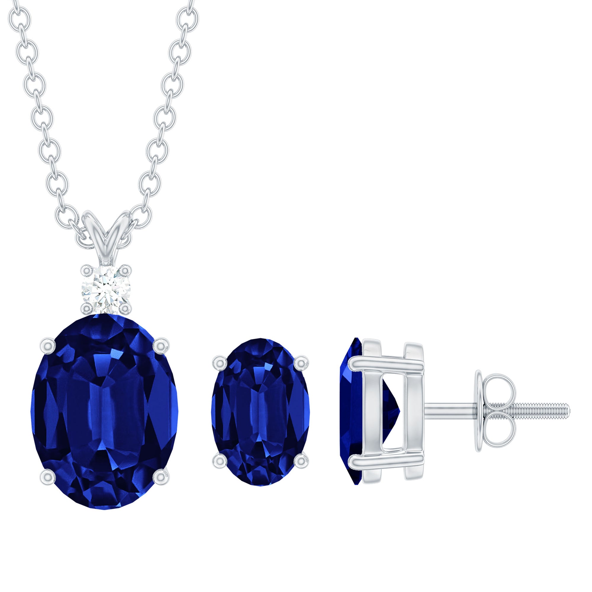 Lab Grown Blue Sapphire Solitaire Jewelry Set with Moissanite AAAA - Rosec Jewels