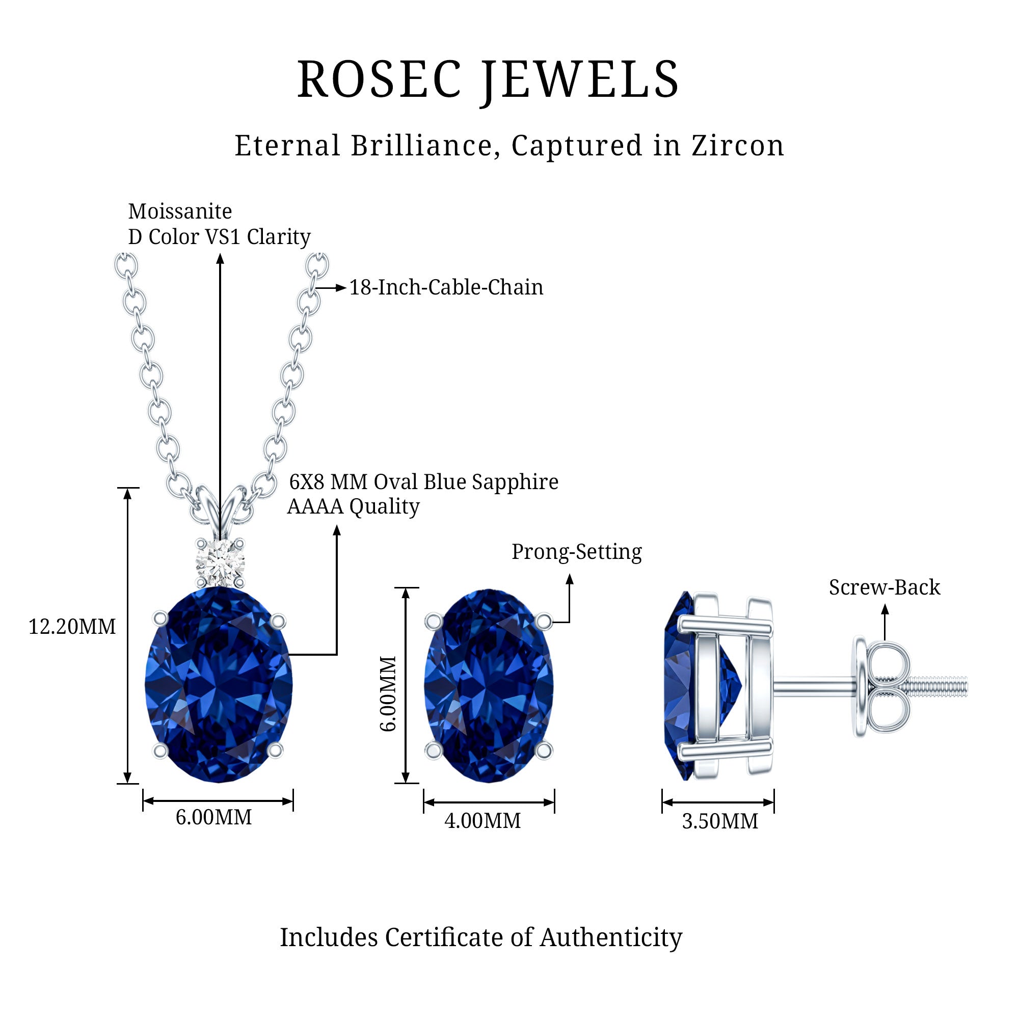 Lab Grown Blue Sapphire Solitaire Jewelry Set with Moissanite AAAA - Rosec Jewels