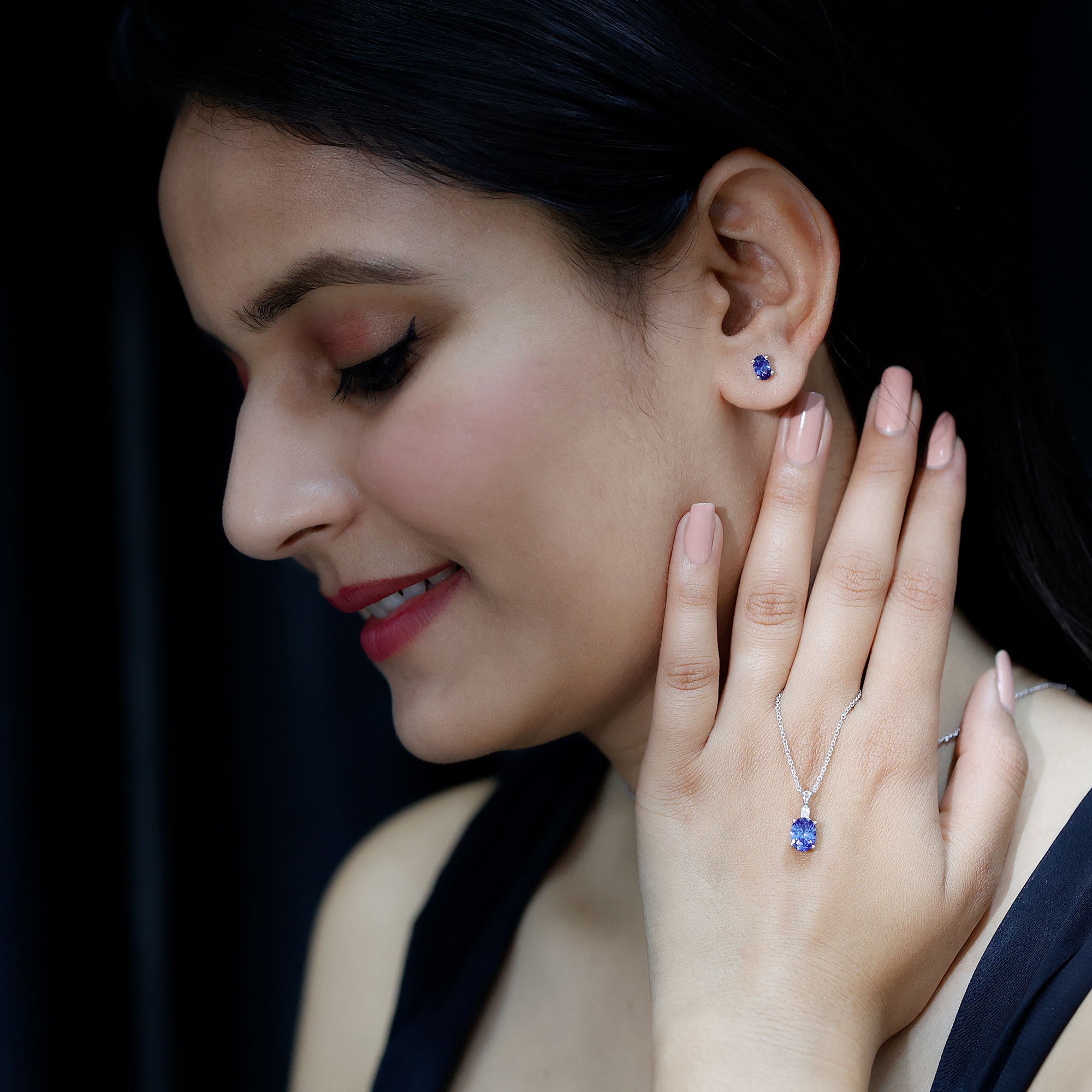 Lab Grown Blue Sapphire Solitaire Jewelry Set with Moissanite AAAA - Rosec Jewels