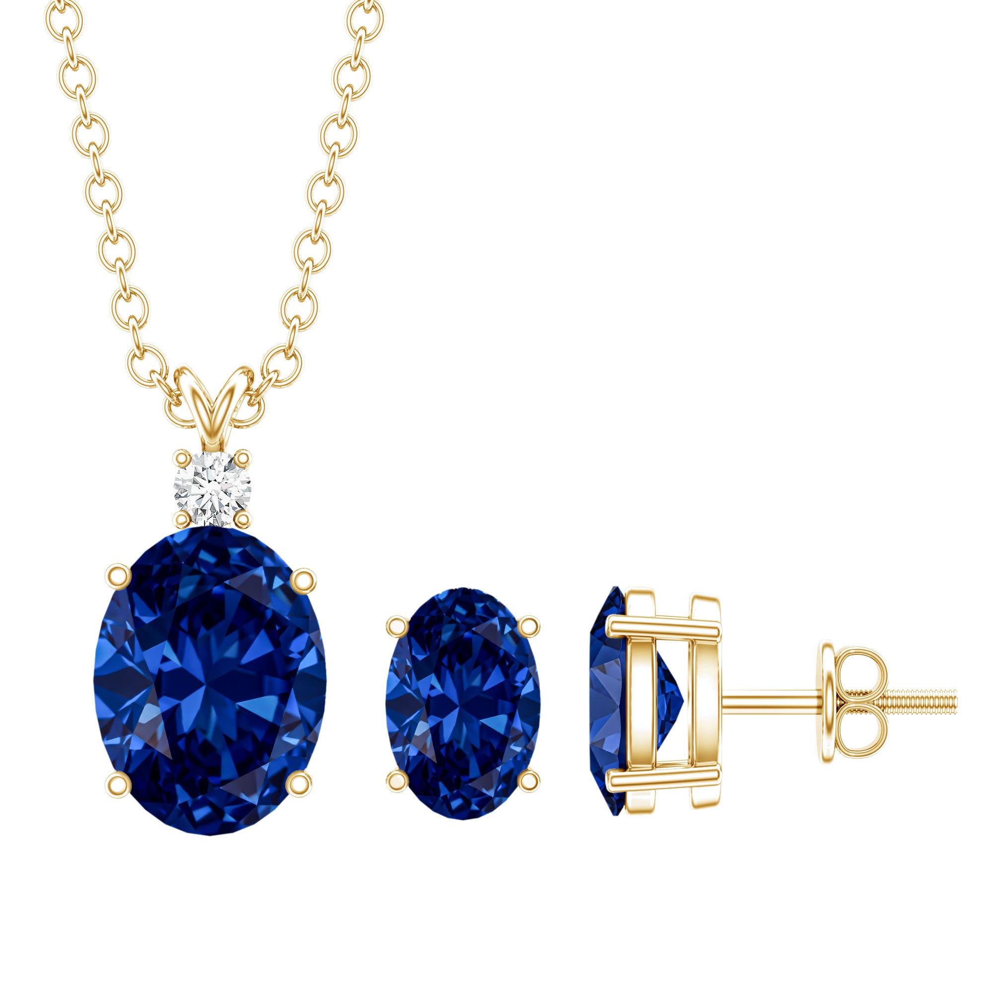 Lab Grown Blue Sapphire Solitaire Jewelry Set with Moissanite AAAA - Rosec Jewels
