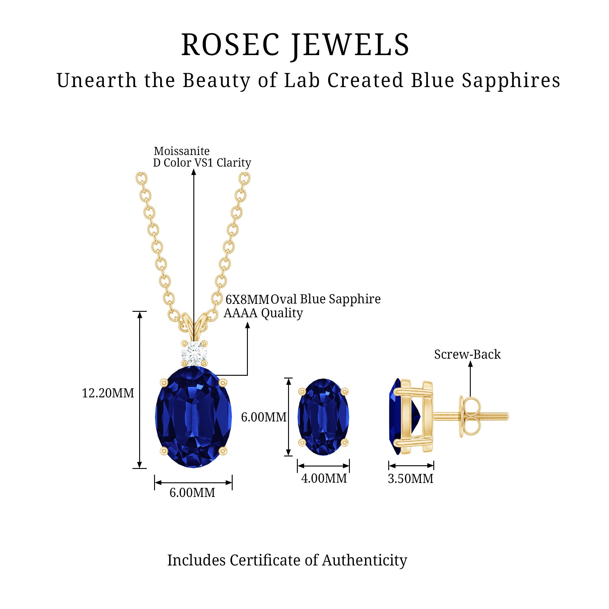 Lab Grown Blue Sapphire Solitaire Jewelry Set with Moissanite AAAA - Rosec Jewels