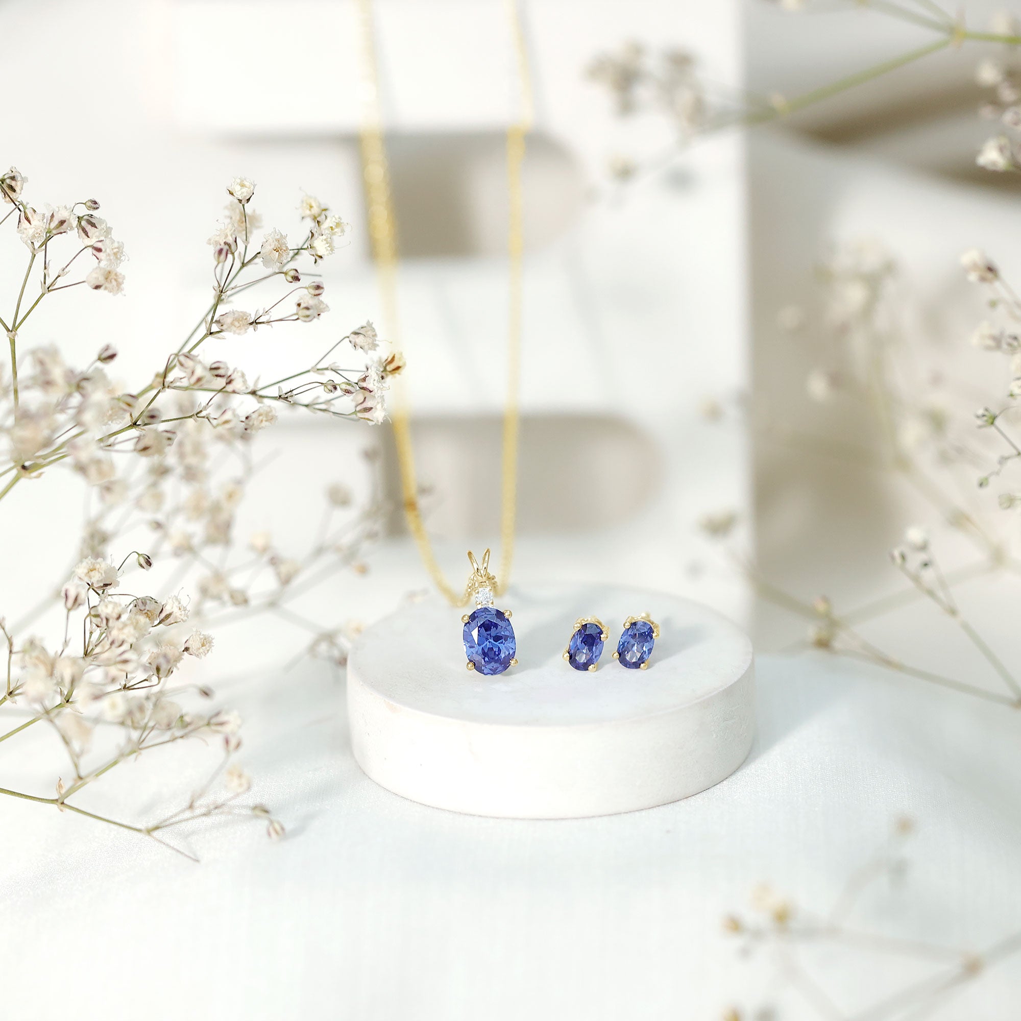 Lab Grown Blue Sapphire Solitaire Jewelry Set with Moissanite AAAA - Rosec Jewels