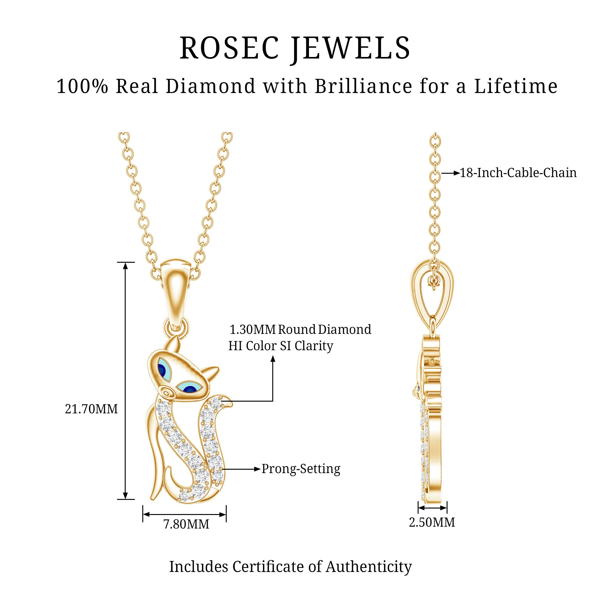 Certified Diamond Kitty Necklace For Women Natural - ( HI-SI ) - Rosec Jewels