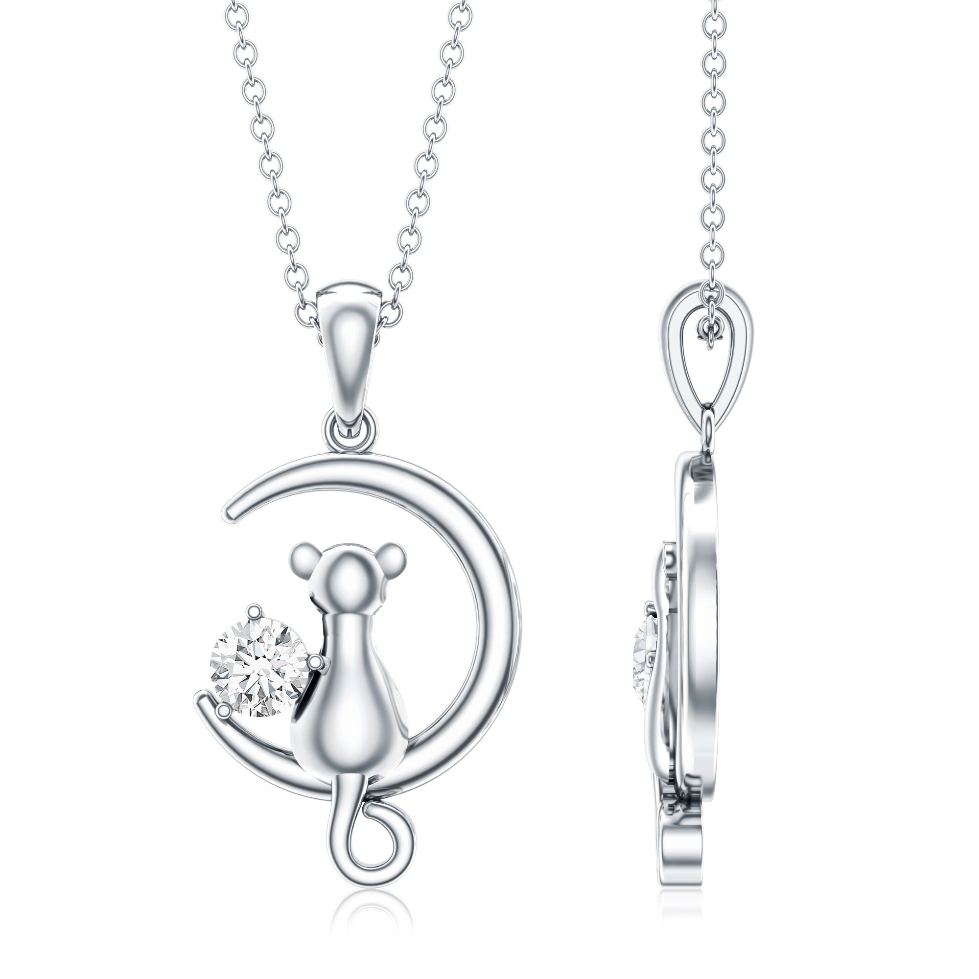 Certified Diamond Cat on Moon Necklace Natural - ( HI-SI ) - Rosec Jewels