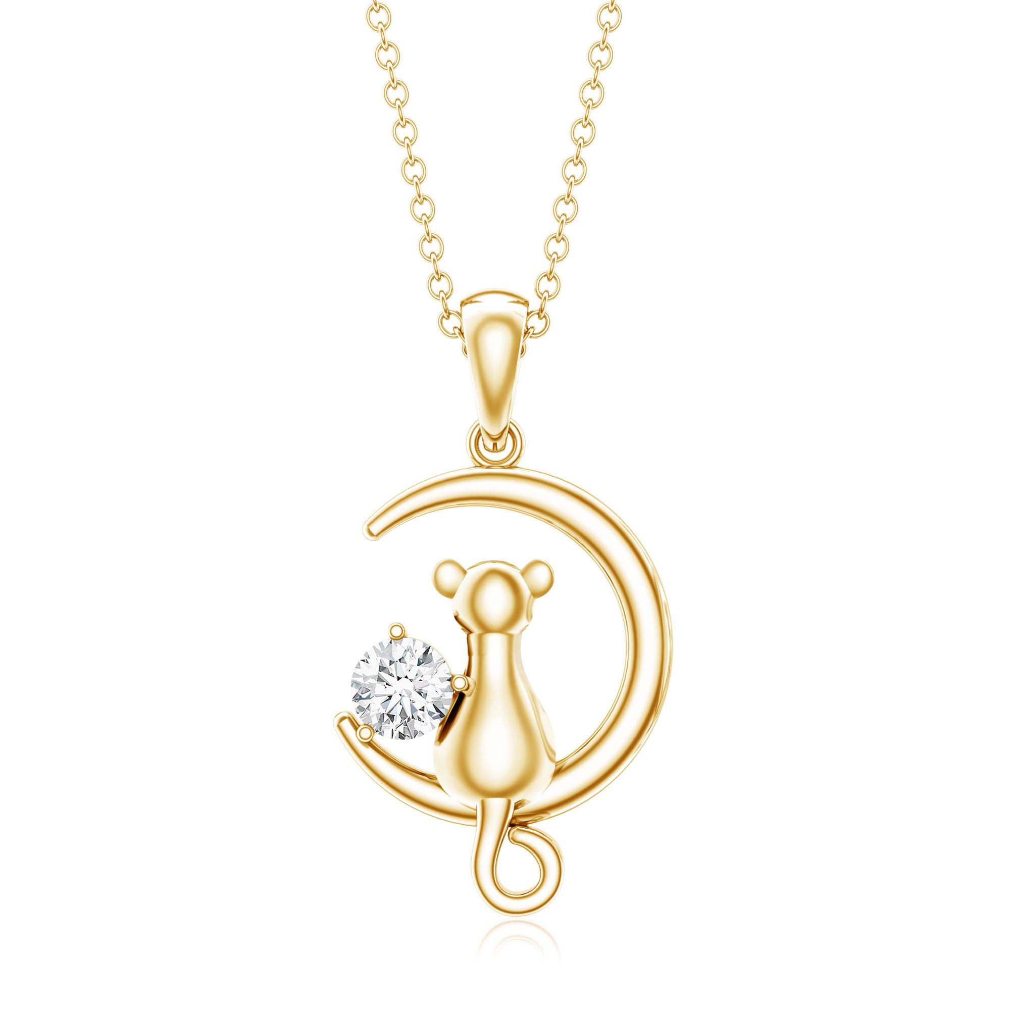 Certified Diamond Cat on Moon Necklace Natural - ( HI-SI ) - Rosec Jewels