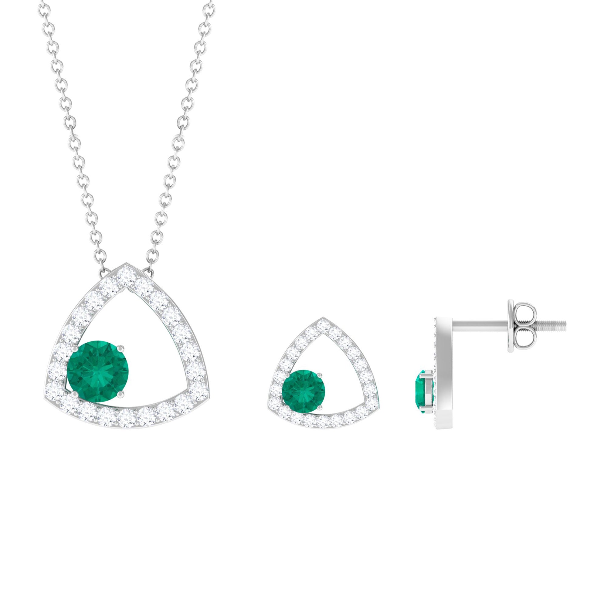 Simple Round Cut Emerald and Triangle Shape Moissanite jewelry Set