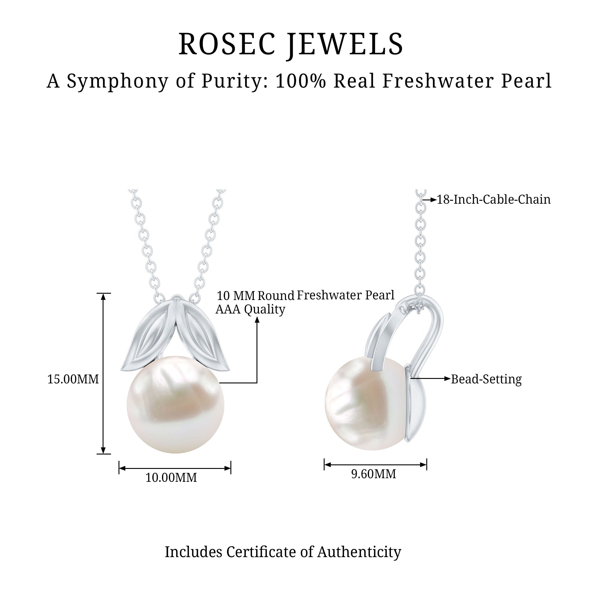 Freshwater Pearl Solitaire Pendant with Leaf AAA - Rosec Jewels