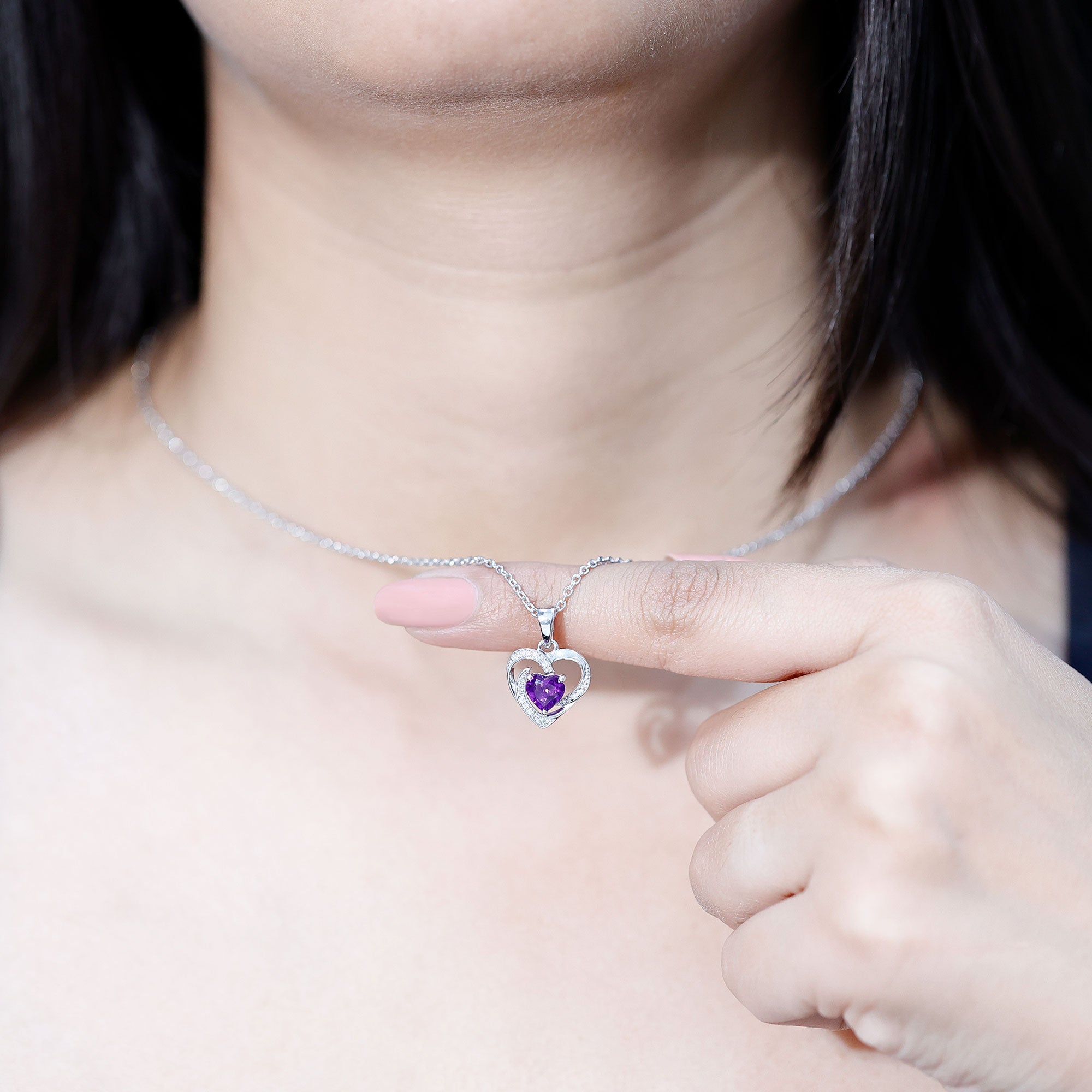 Natural 1 Carat Amethyst Heart Pendant Necklace with Diamond AAA - Rosec Jewels
