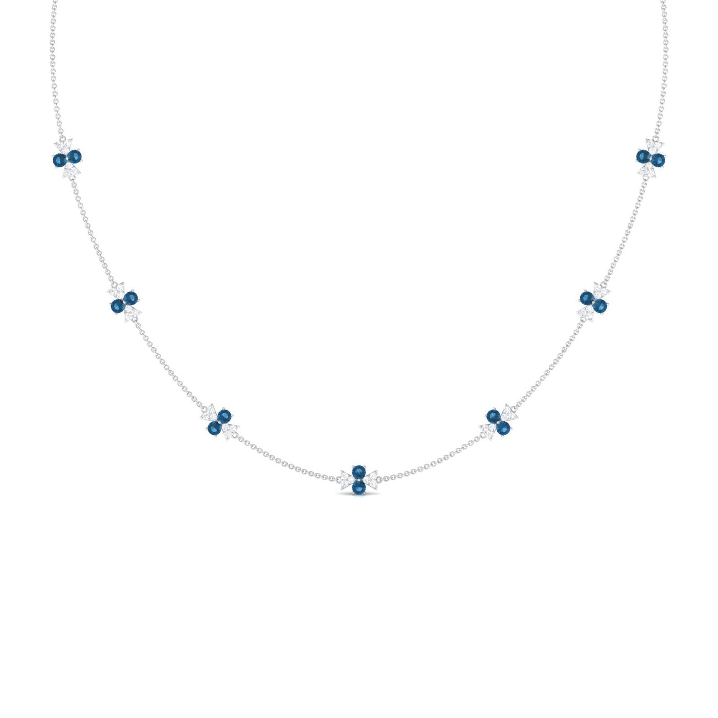 London Blue Topaz Station Chain Necklace with Moissanite