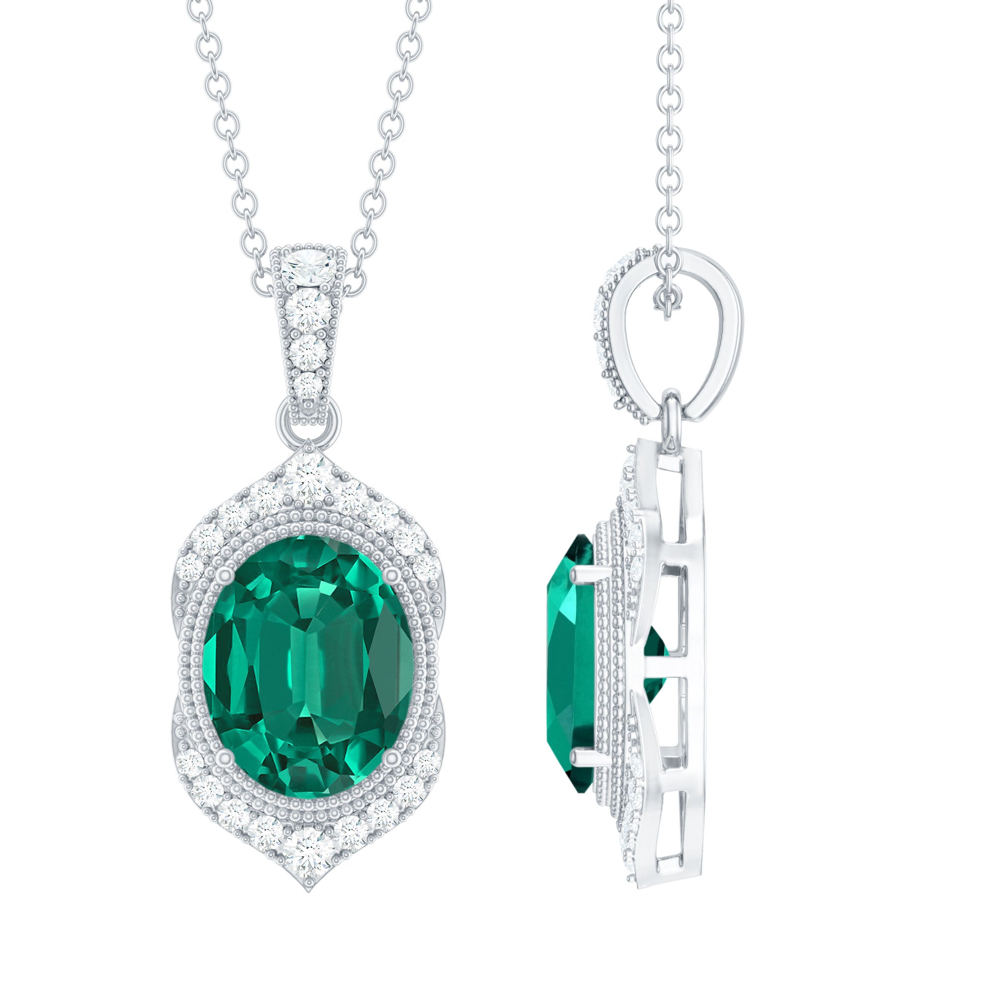 Art Deco Style 5 Carat Lab Grown Emerald Pendant Necklace with Diamond AAAA - Rosec Jewels