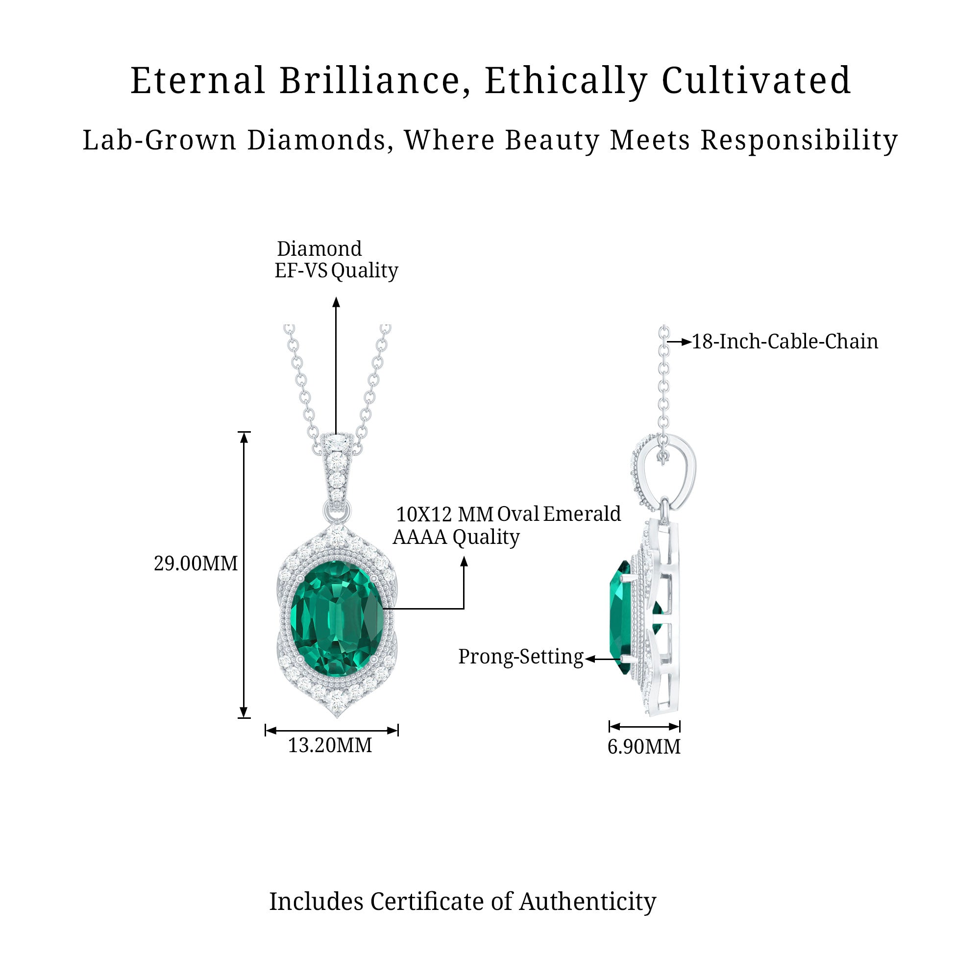 Art Deco Style 5 Carat Lab Grown Emerald Pendant Necklace with Diamond AAAA - Rosec Jewels