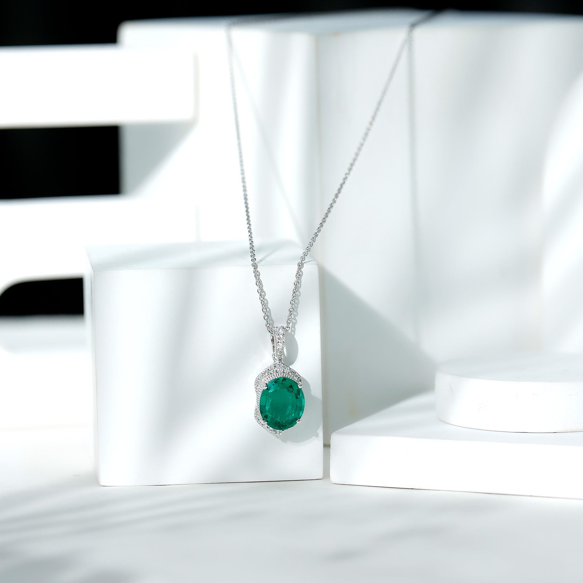 Art Deco Style 5 Carat Lab Grown Emerald Pendant Necklace with Diamond AAAA - Rosec Jewels