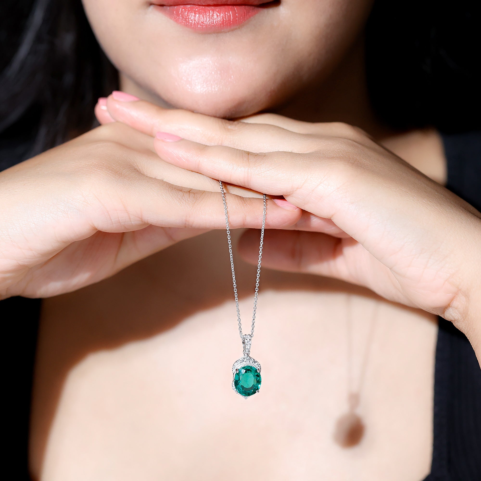 Art Deco Style 5 Carat Lab Grown Emerald Pendant Necklace with Diamond AAAA - Rosec Jewels