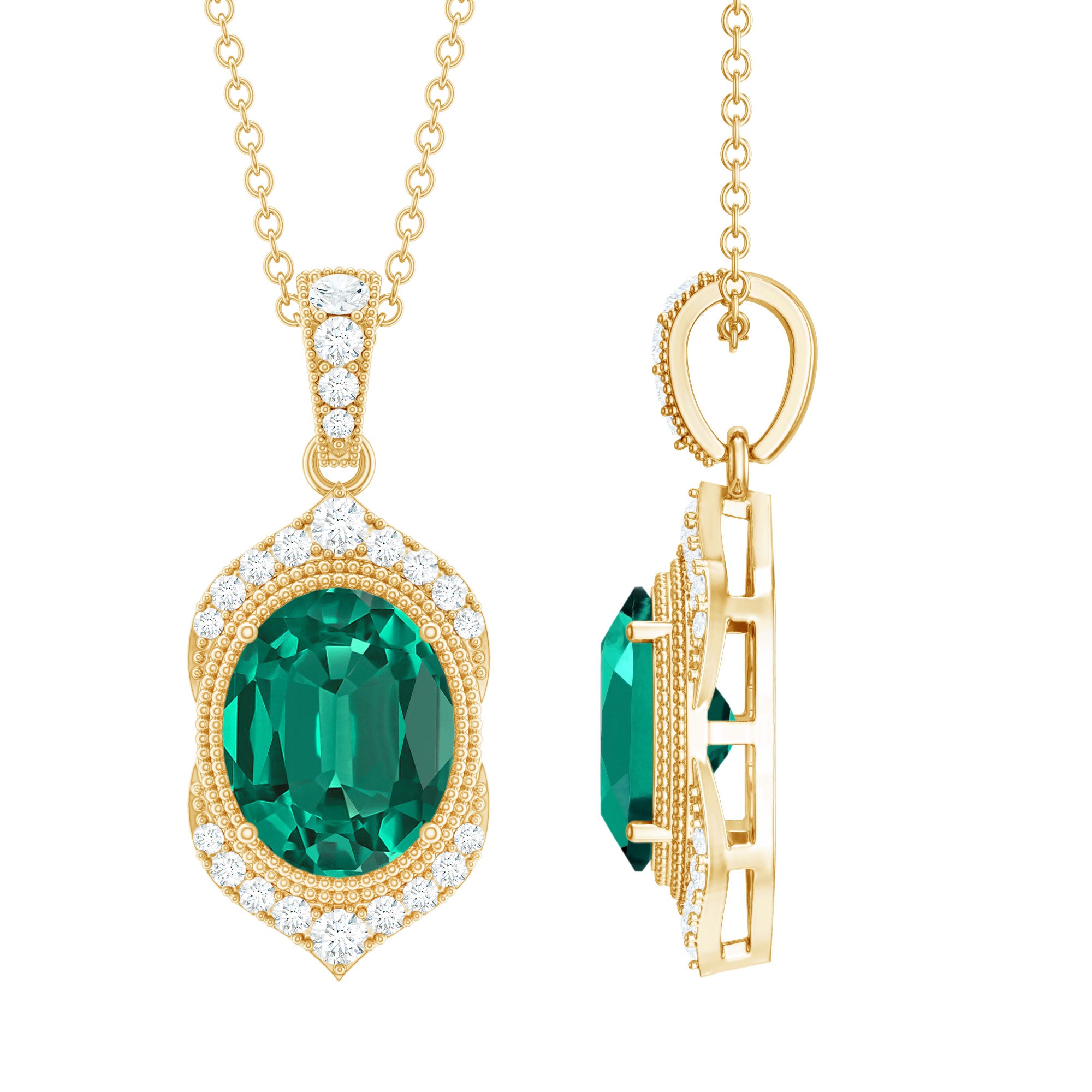 Art Deco Style 5 Carat Lab Grown Emerald Pendant Necklace with Diamond AAAA - Rosec Jewels