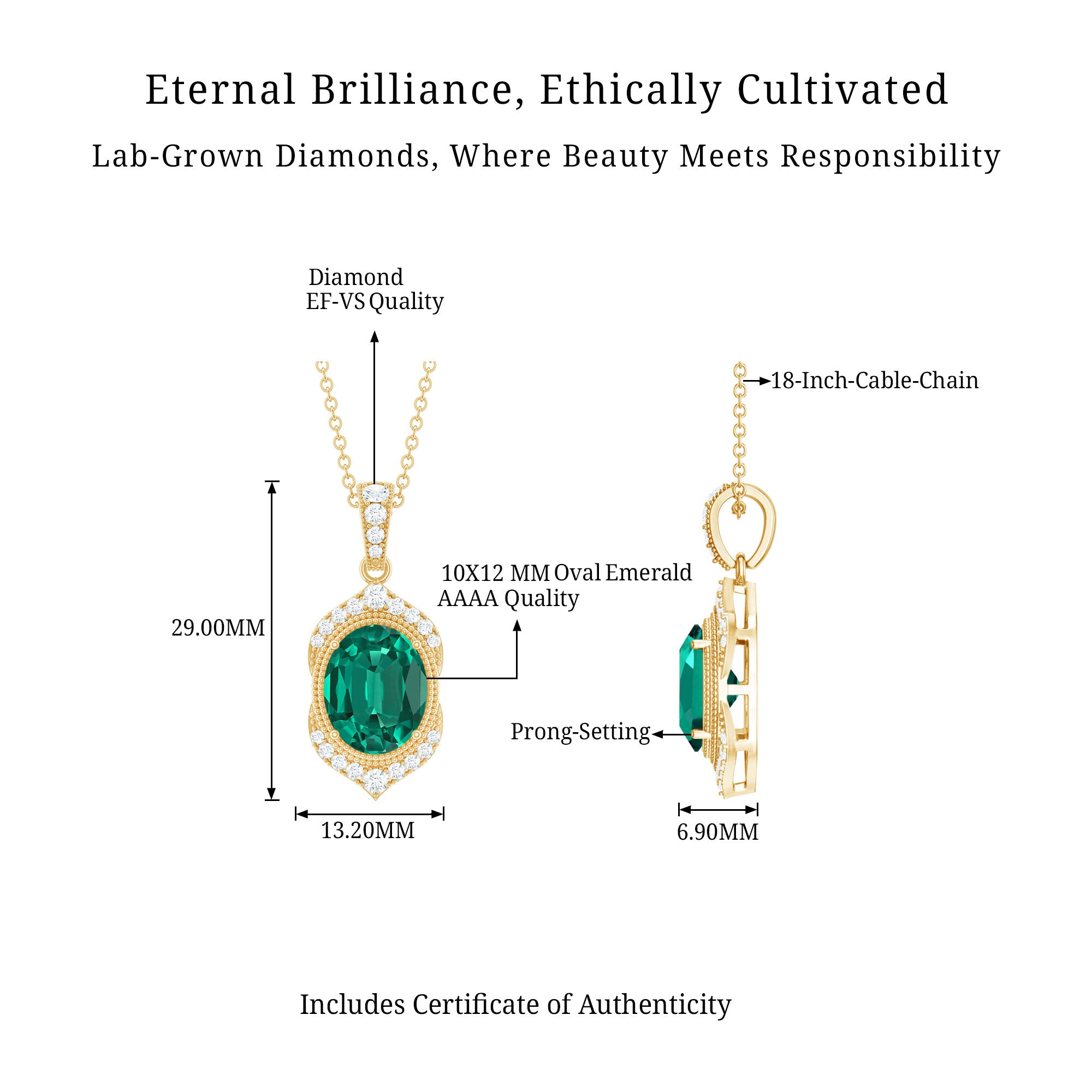 Art Deco Style 5 Carat Lab Grown Emerald Pendant Necklace with Diamond AAAA - Rosec Jewels