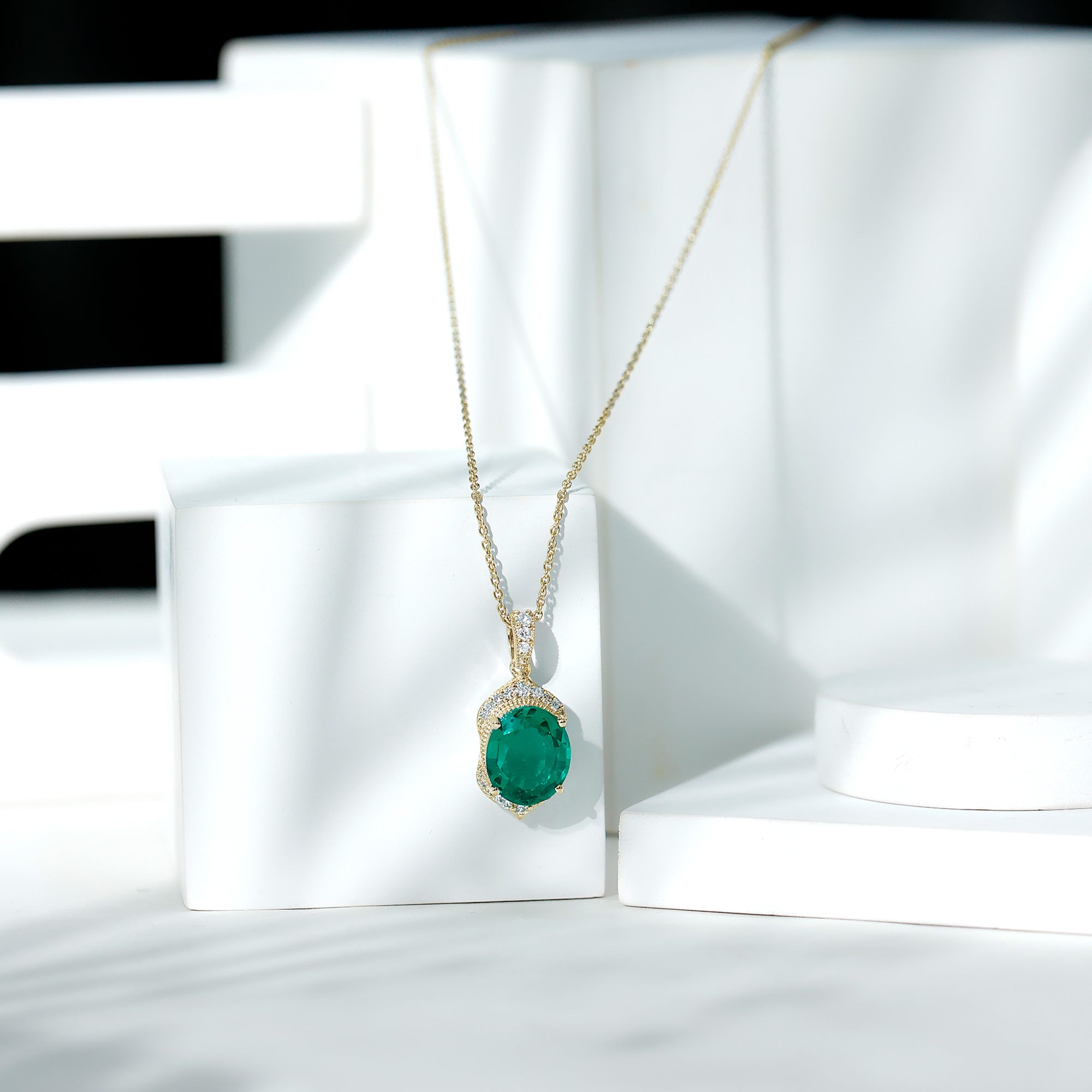 Art Deco Style 5 Carat Lab Grown Emerald Pendant Necklace with Diamond AAAA - Rosec Jewels