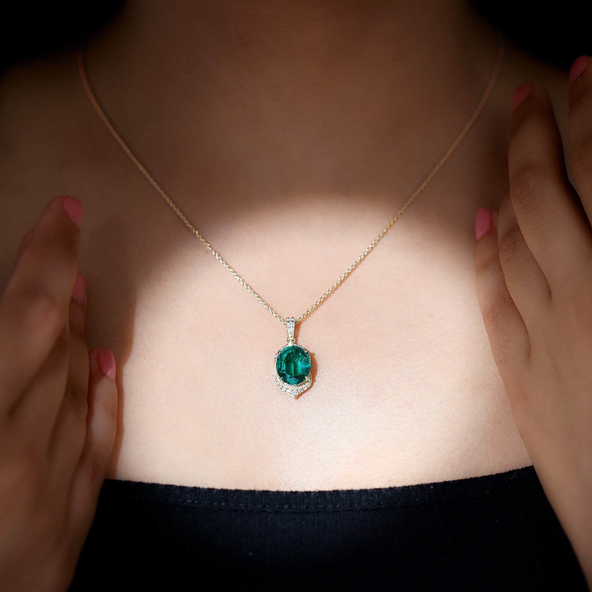 Art Deco Style 5 Carat Lab Grown Emerald Pendant Necklace with Diamond AAAA - Rosec Jewels