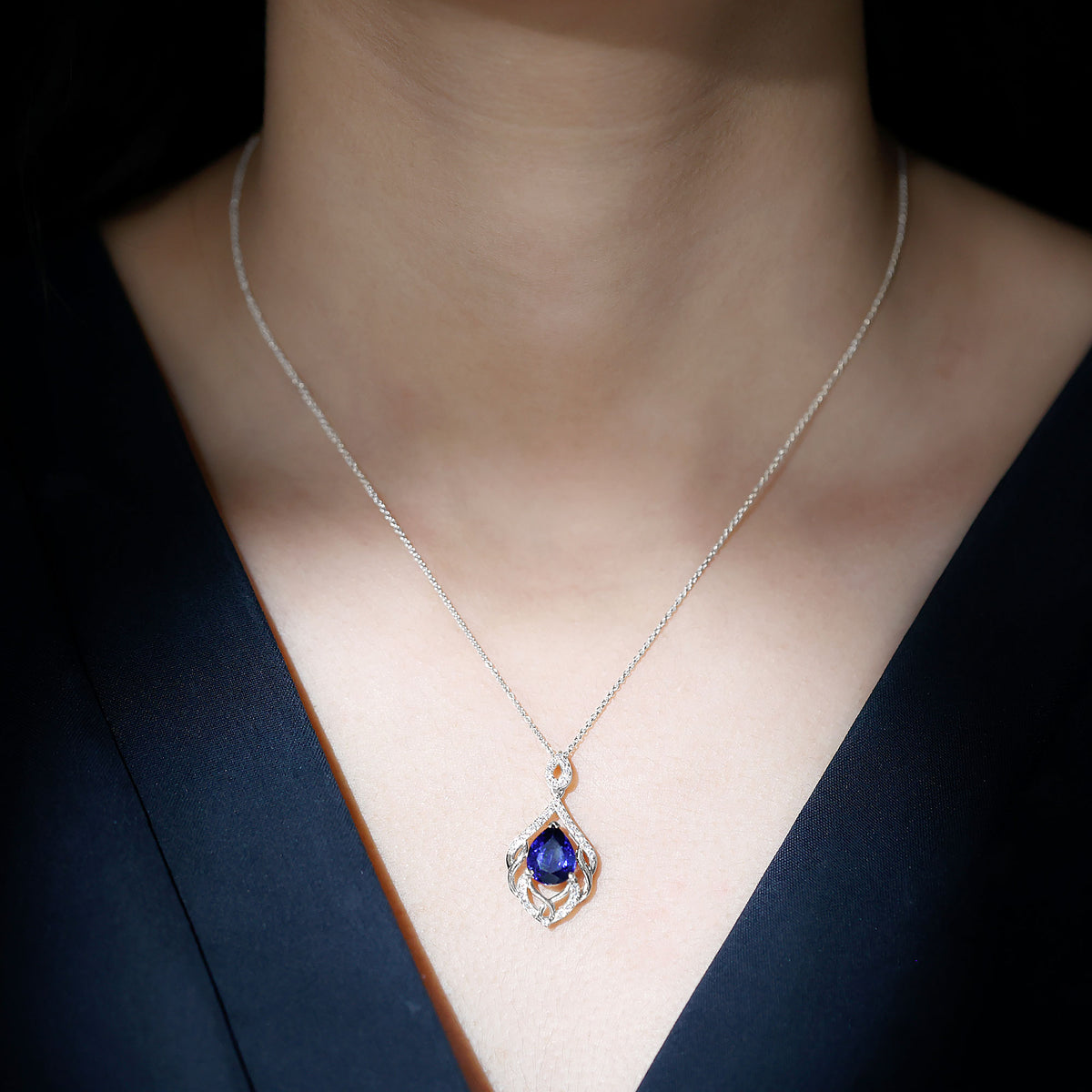 Certified Lab Grown Blue Sapphire Designer Necklace with Diamond Accent AAAA - Rosec Jewels