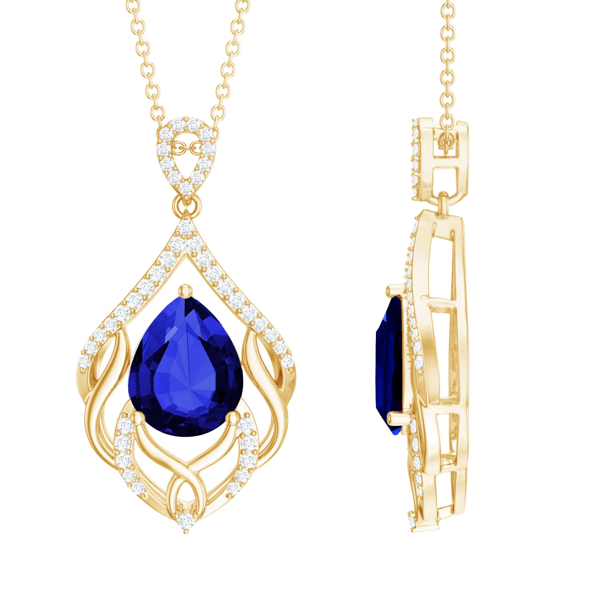 Certified Lab Grown Blue Sapphire Designer Necklace with Diamond Accent AAAA - Rosec Jewels