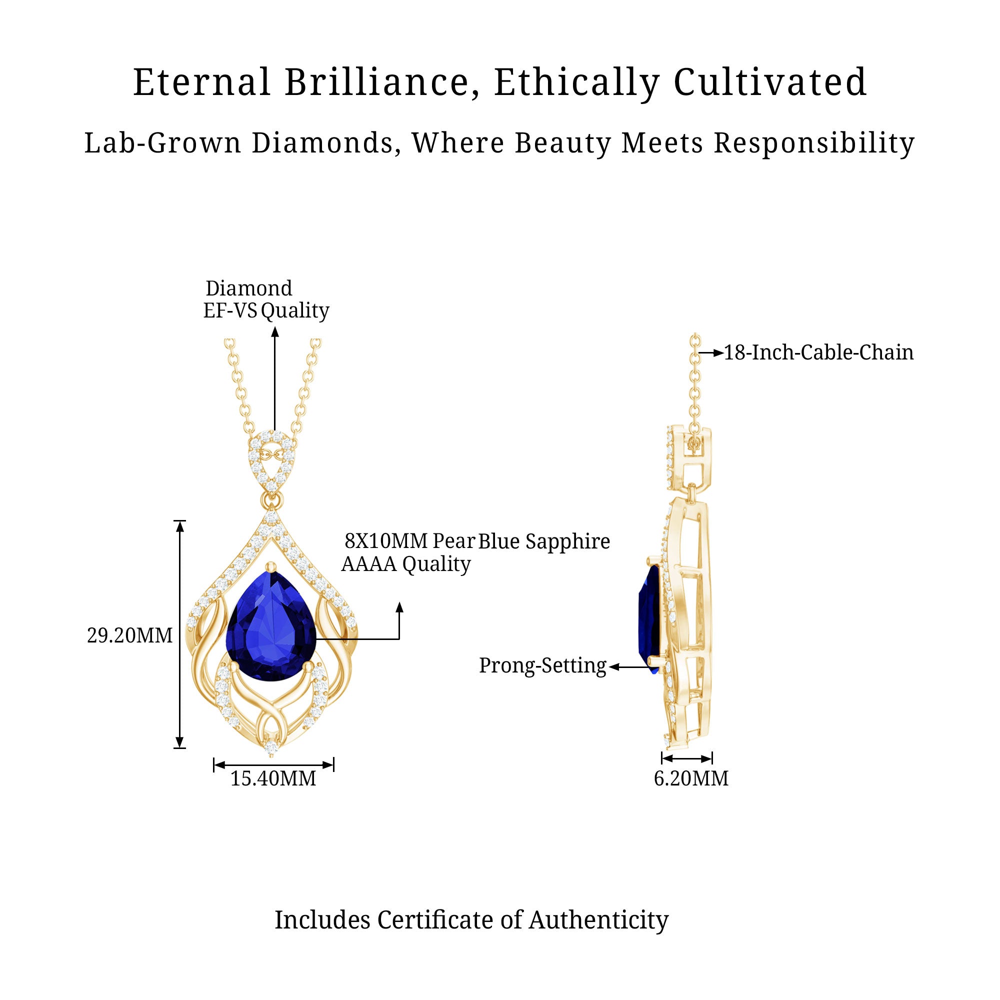 Certified Lab Grown Blue Sapphire Designer Necklace with Diamond Accent AAAA - Rosec Jewels