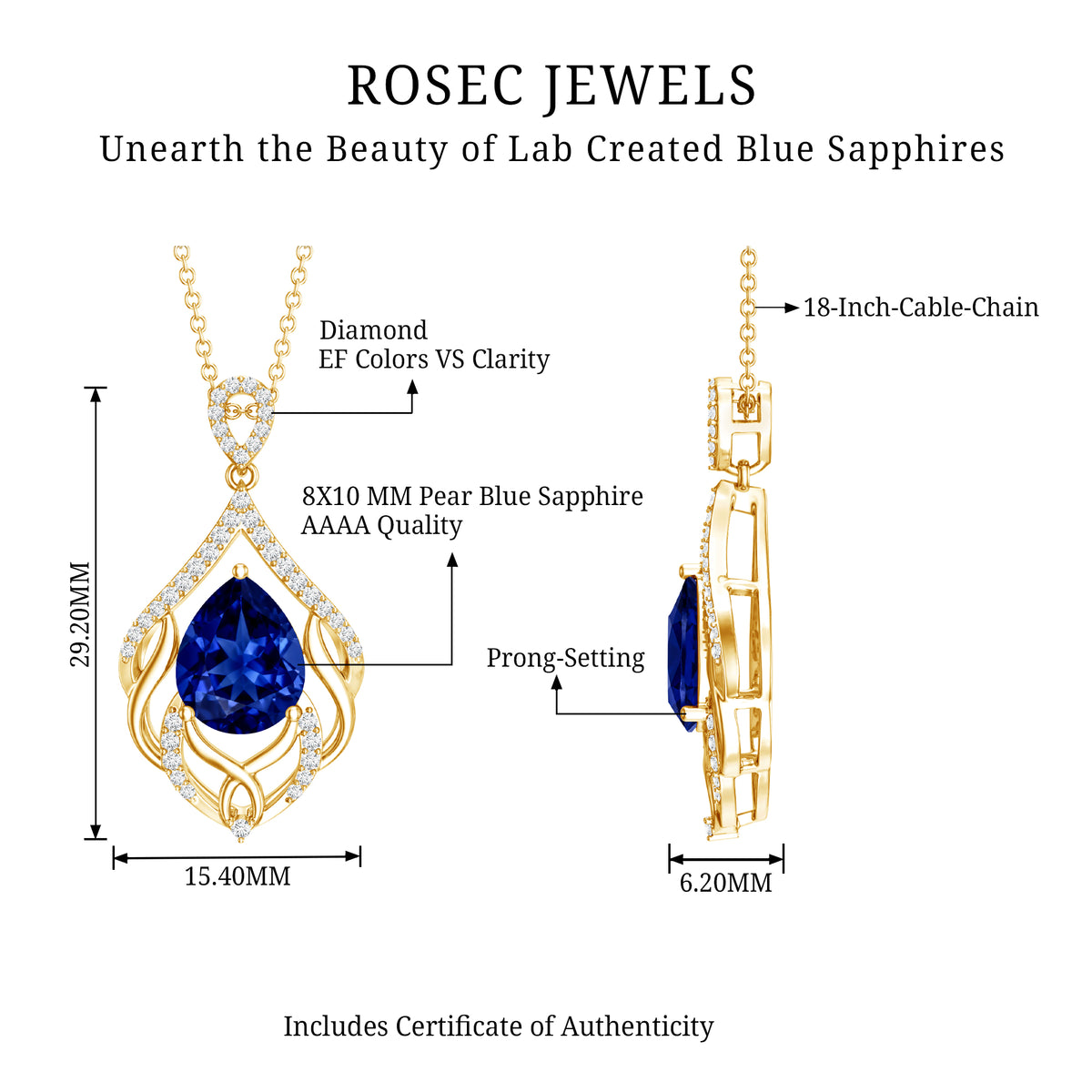 Certified Lab Grown Blue Sapphire Designer Necklace with Diamond Accent AAAA - Rosec Jewels