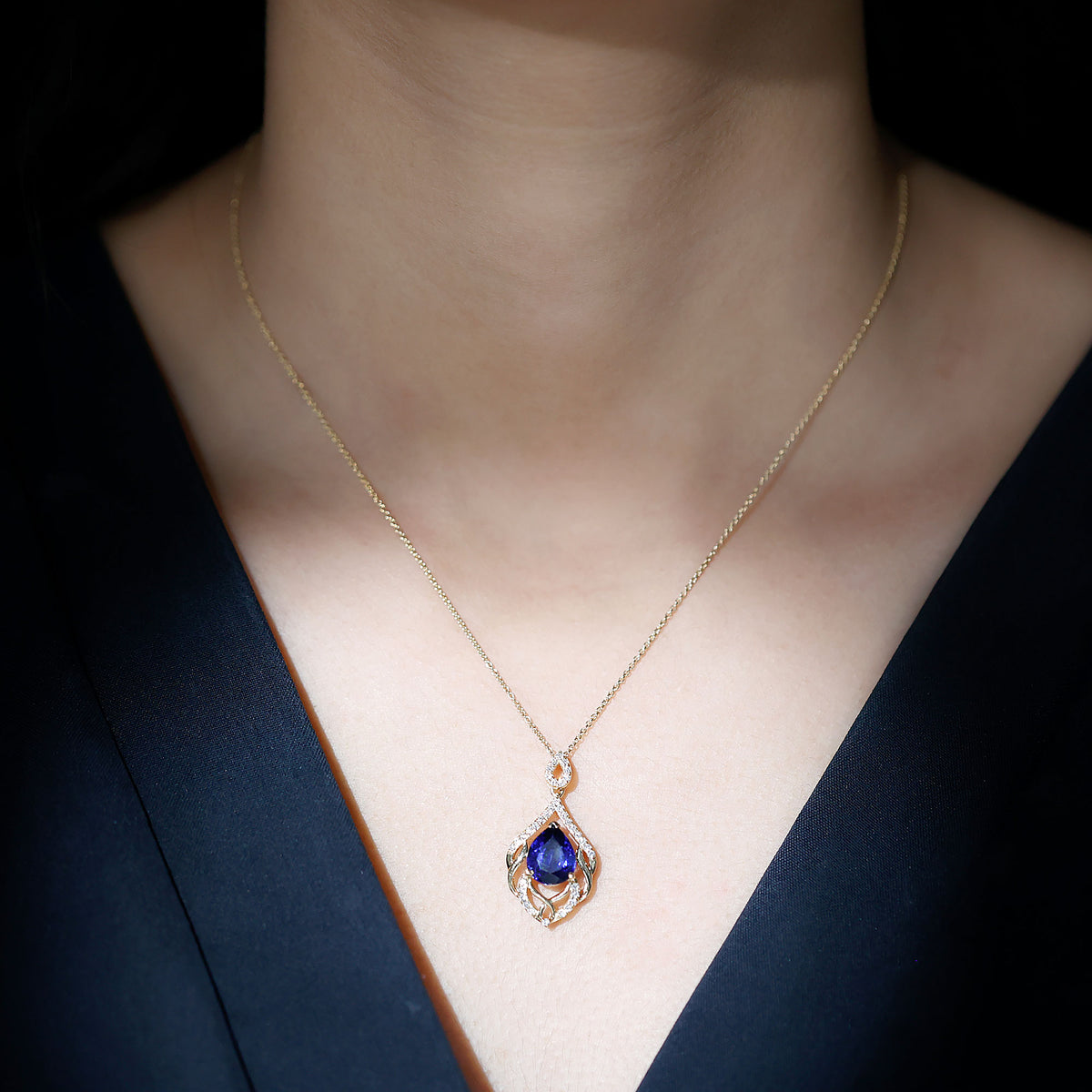 Certified Lab Grown Blue Sapphire Designer Necklace with Diamond Accent AAAA - Rosec Jewels