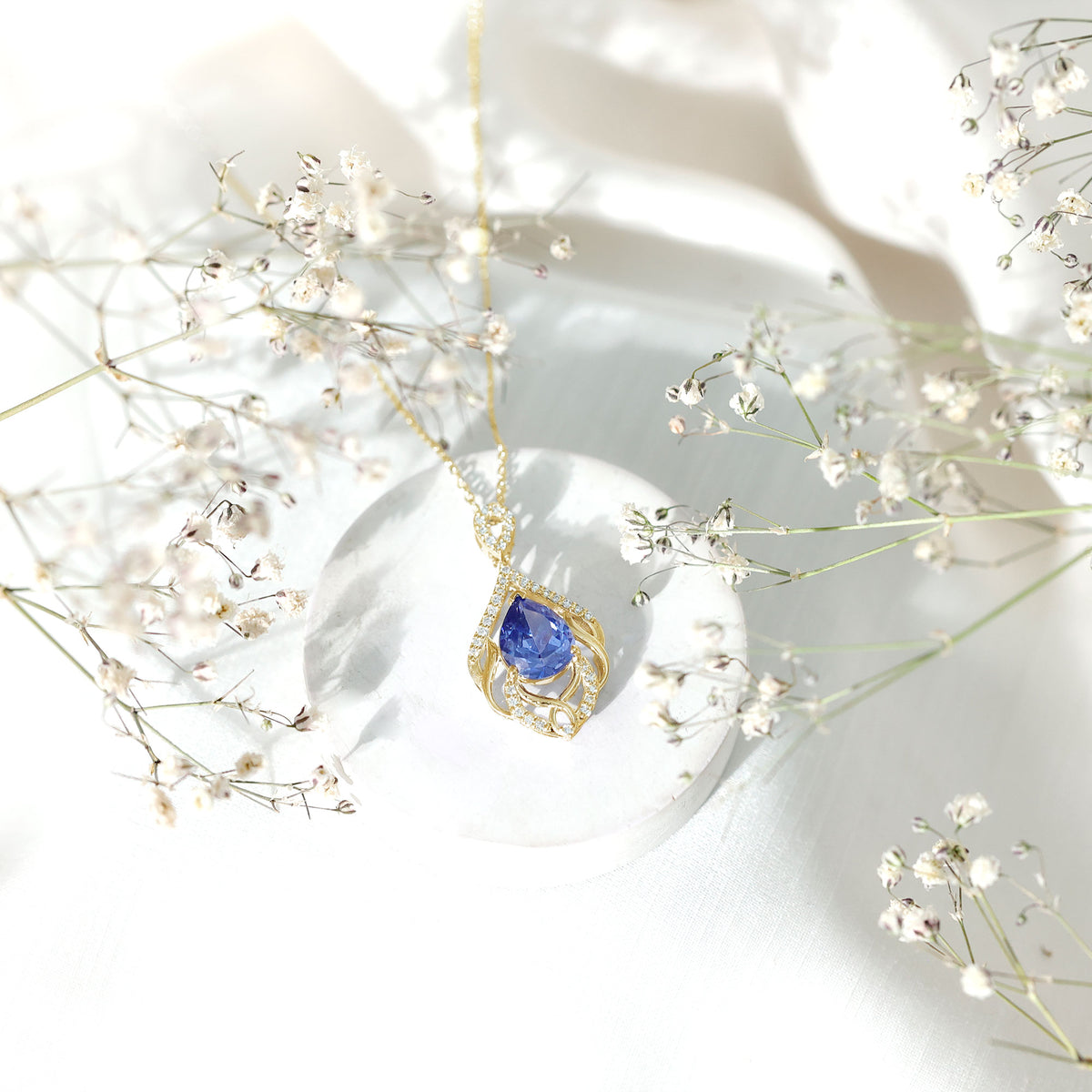 Certified Lab Grown Blue Sapphire Designer Necklace with Diamond Accent AAAA - Rosec Jewels