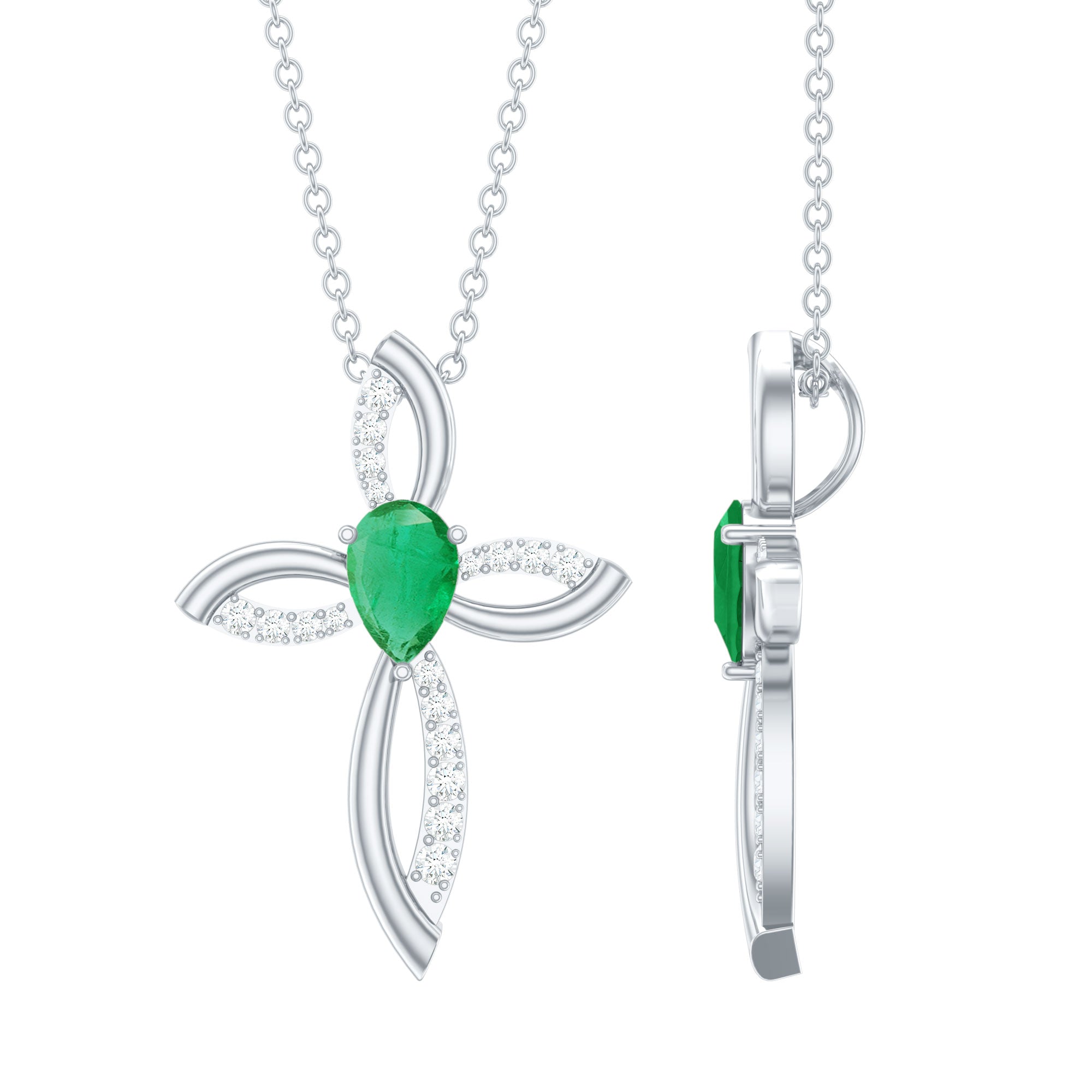 Pear Cut Emerald Cross Pendant With Lab Grown Diamond AAA - Rosec Jewels