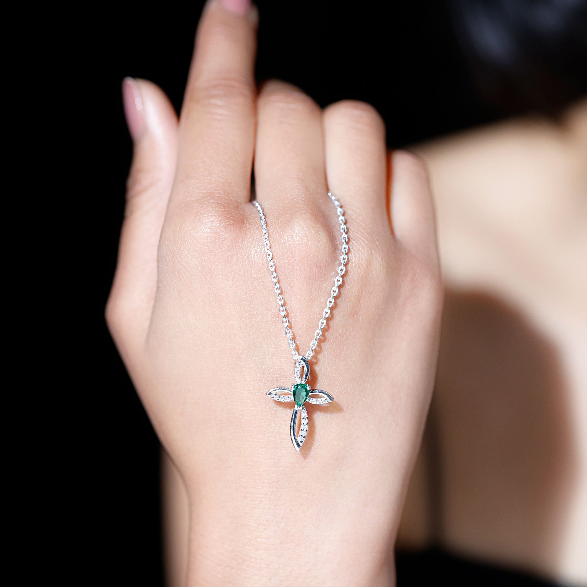 Pear Cut Emerald Cross Pendant With Lab Grown Diamond AAA - Rosec Jewels
