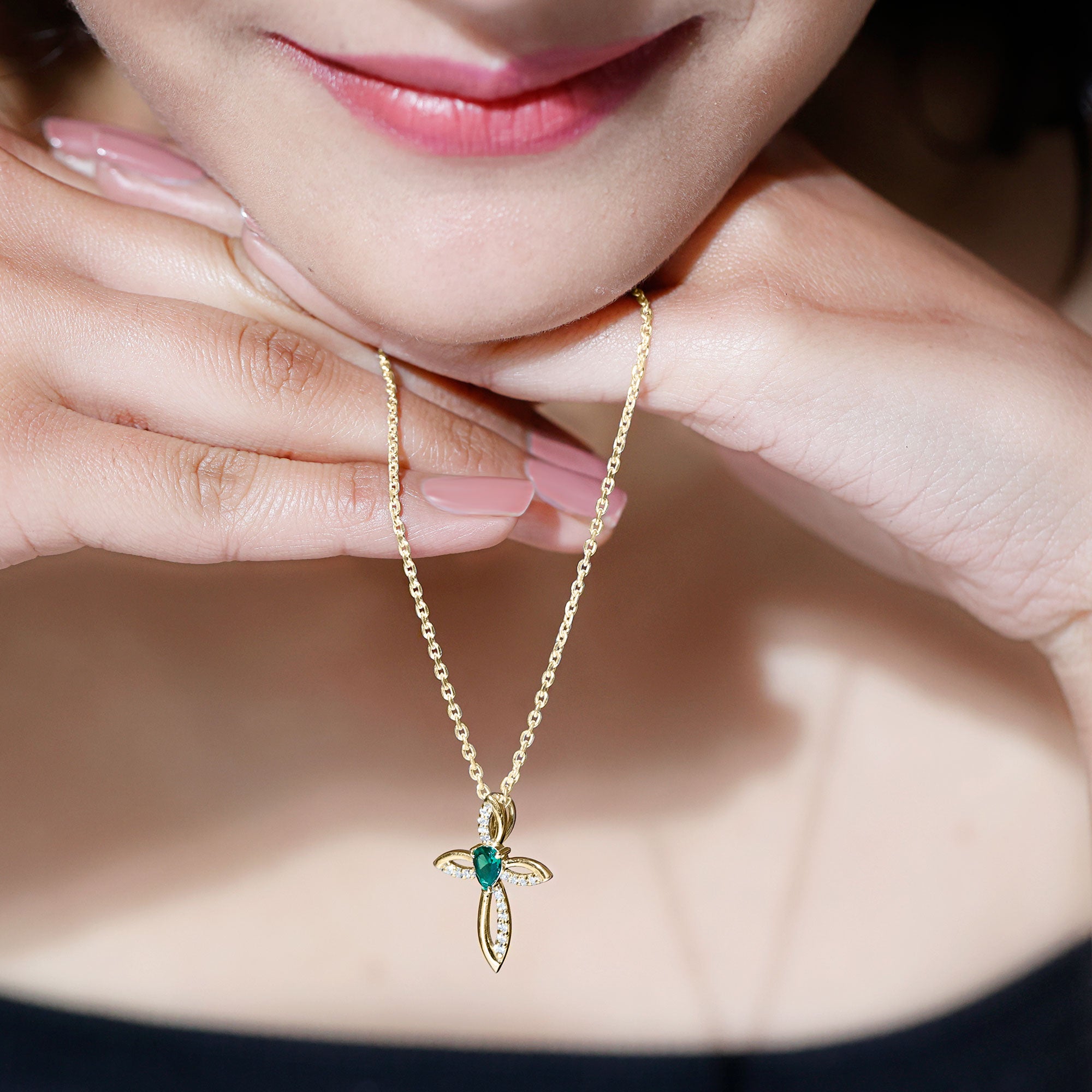Pear Cut Emerald Cross Pendant With Lab Grown Diamond AAA - Rosec Jewels