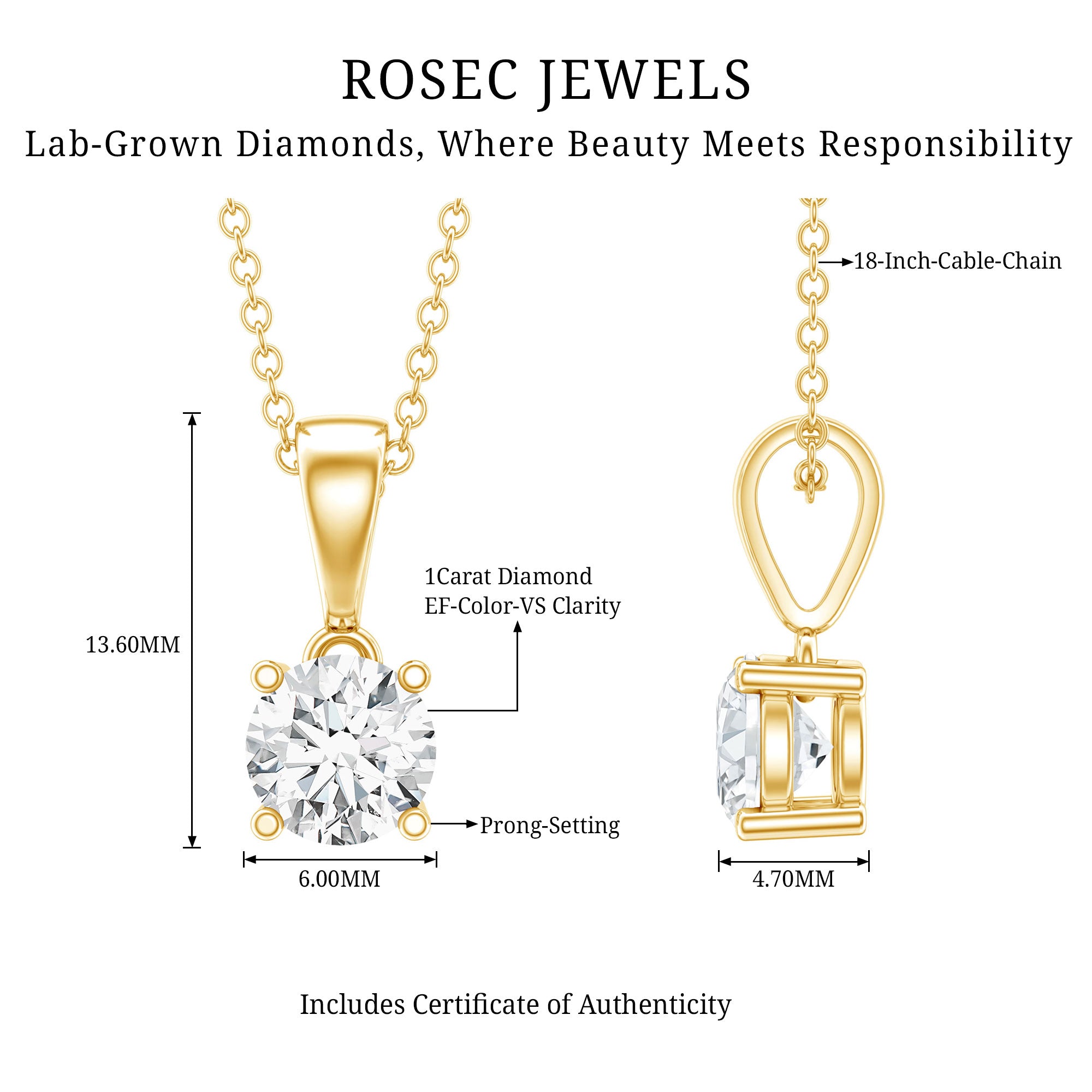 IGI Certified 1 CT Lab Grown Diamond Solitaire Pendant Lab - ( E-VS1 ) - Rosec Jewels