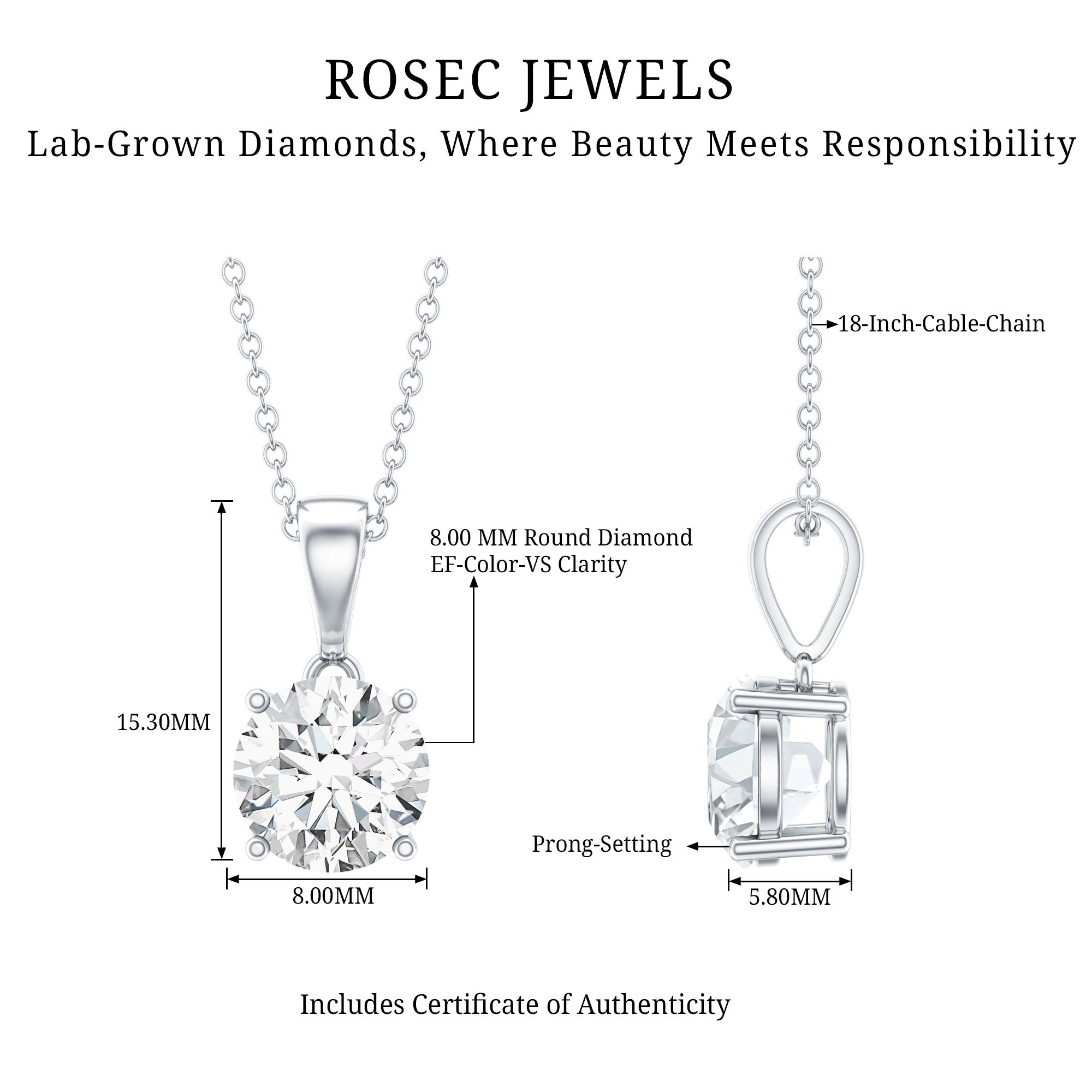 2 Carat IGI Certified Lab Grown Diamond Pendant Necklace Lab - ( E-VS1 ) - Rosec Jewels