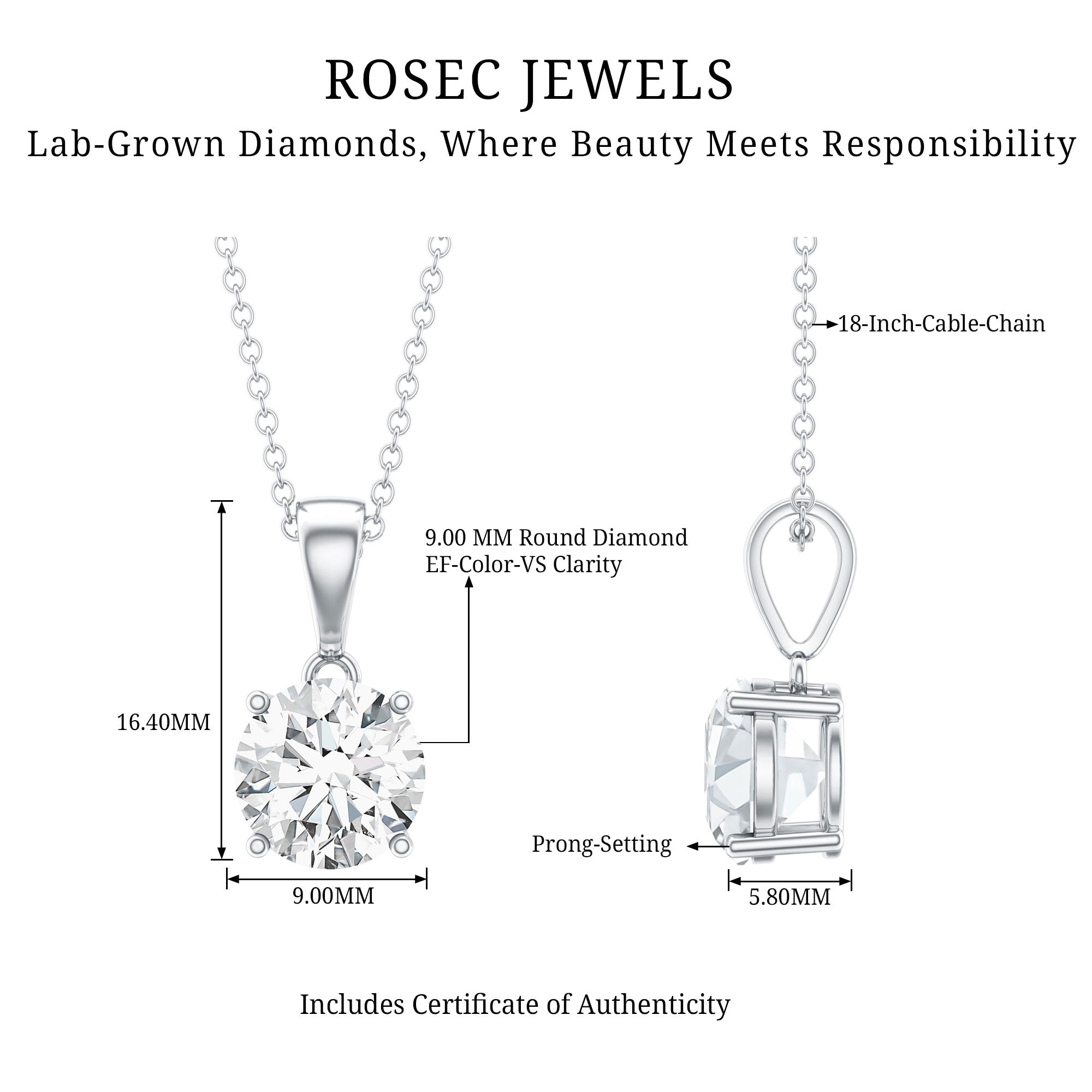 3 Carat Solitaire Lab Grown Diamond Pendant with IGI Certificate Lab - ( E-VS1 ) - Rosec Jewels