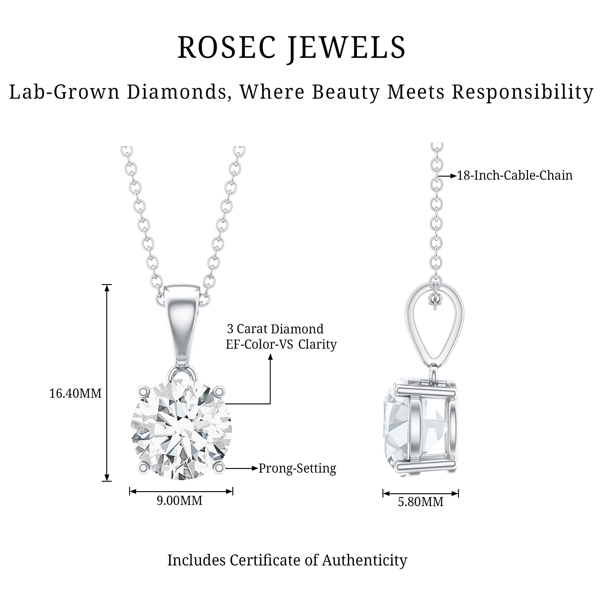 3 Carat Solitaire Lab Grown Diamond Pendant with IGI Certificate Lab - ( E-VS1 ) - Rosec Jewels