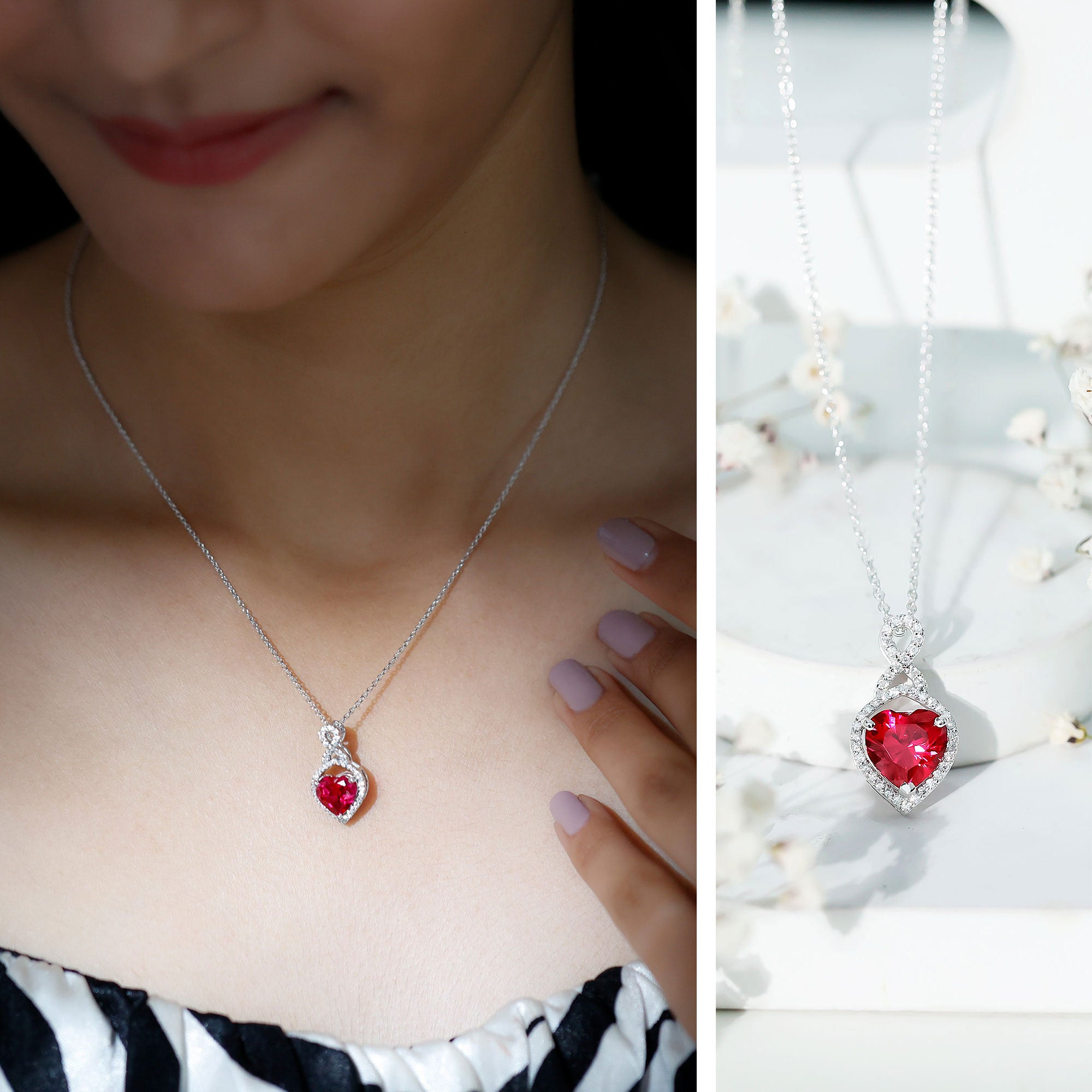 Certified Lab Created Ruby Heart Infinity Necklace With Chain AAAA - Rosec Jewels