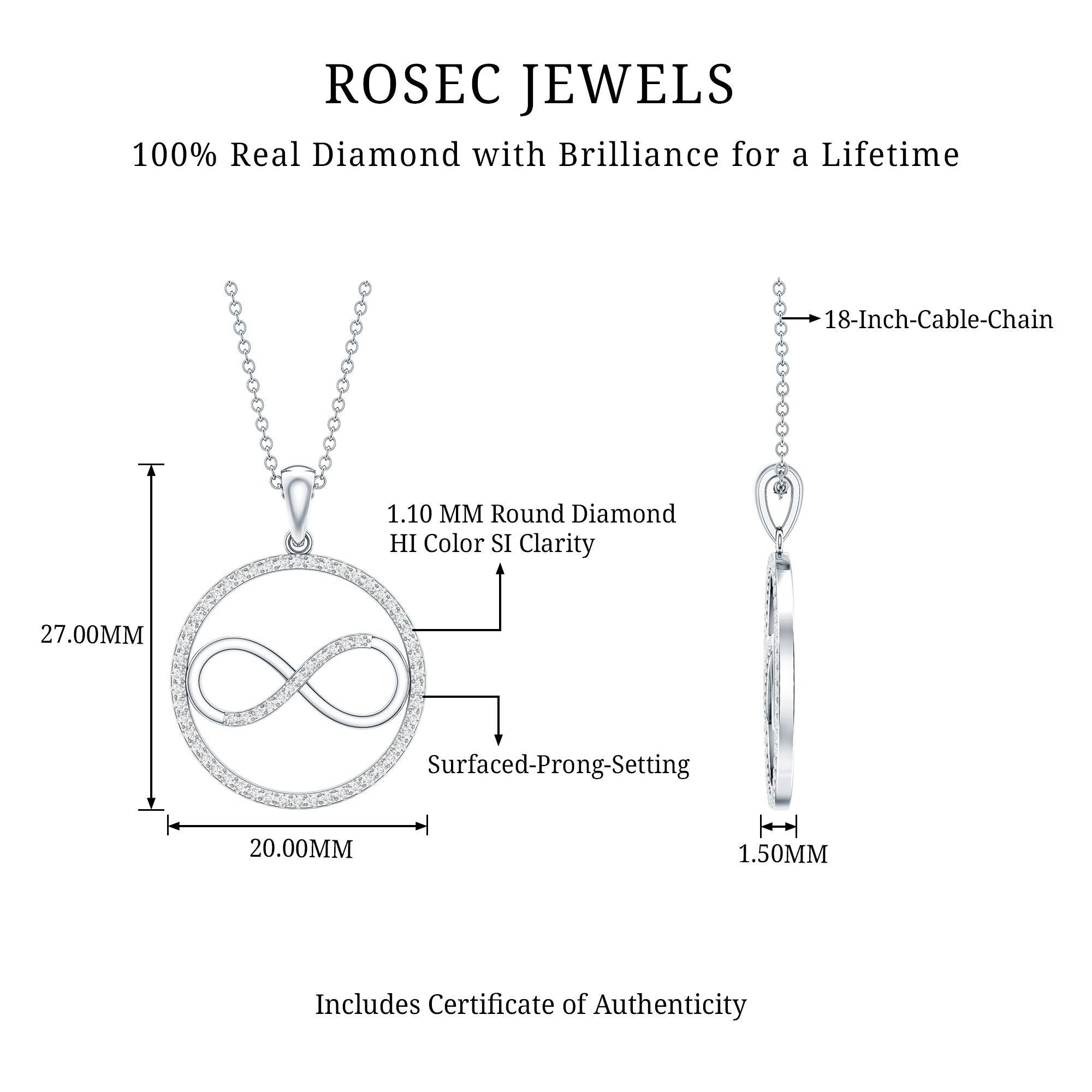 Diamonds Infinity Eternity Pendant Necklace Natural - ( HI-SI ) - Rosec Jewels