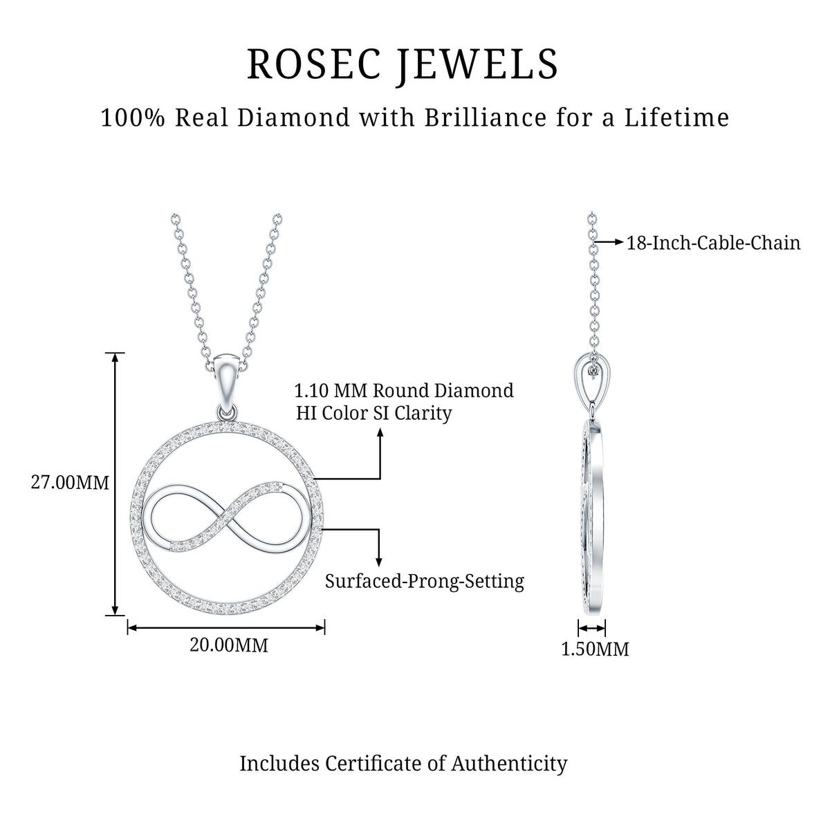 Diamonds Infinity Eternity Pendant Necklace Natural - ( HI-SI ) - Rosec Jewels