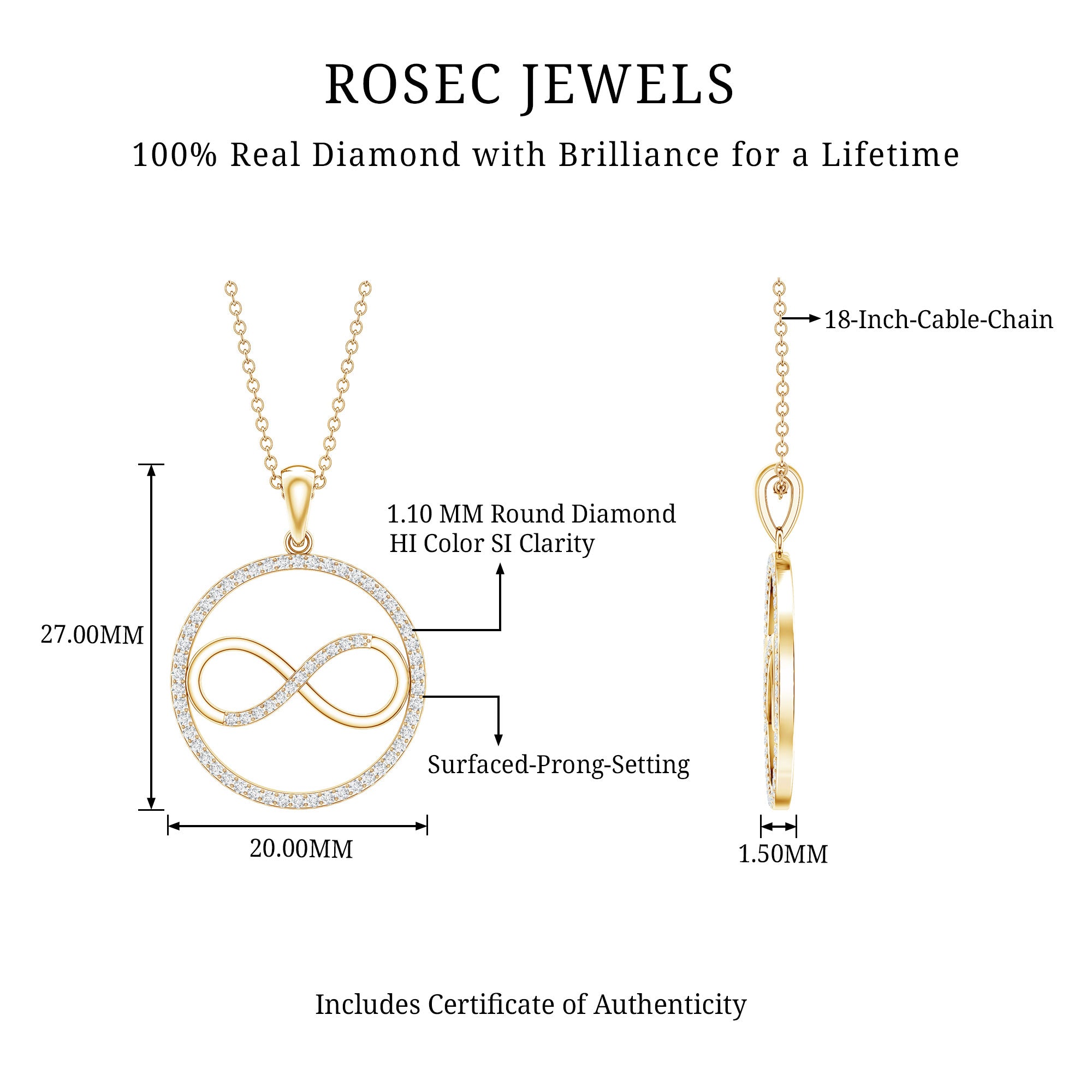 Diamonds Infinity Eternity Pendant Necklace Natural - ( HI-SI ) - Rosec Jewels