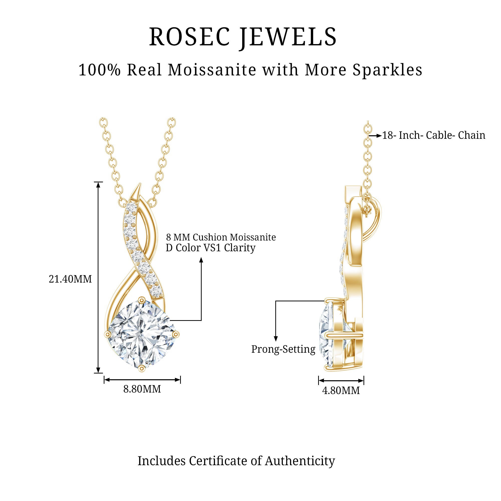 Cushion Cut Moissanite Infinity Promise Necklace With Chain D-VS1 - Rosec Jewels