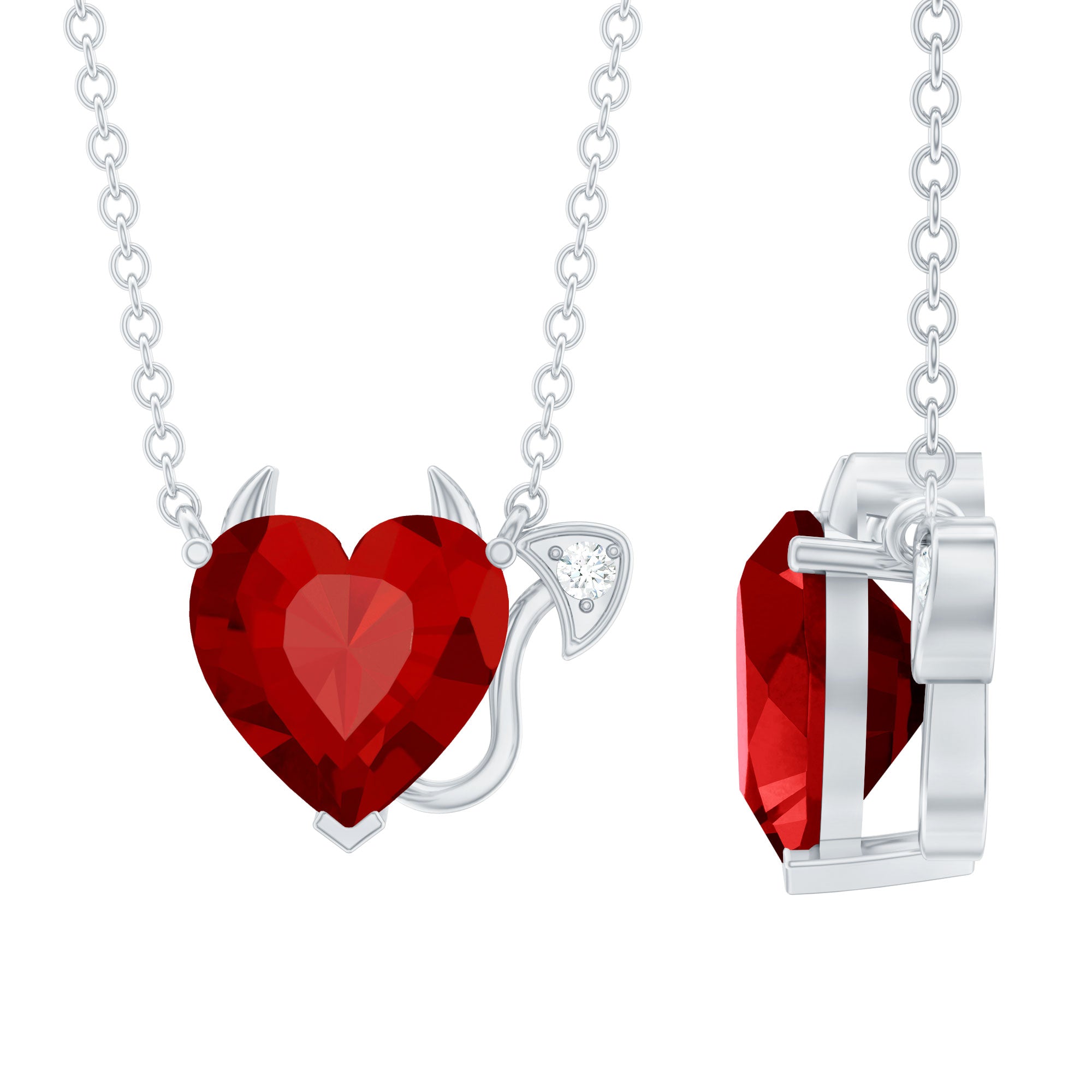 Lab Grown Ruby Devil Heart Necklace with Diamond AAAA - Rosec Jewels