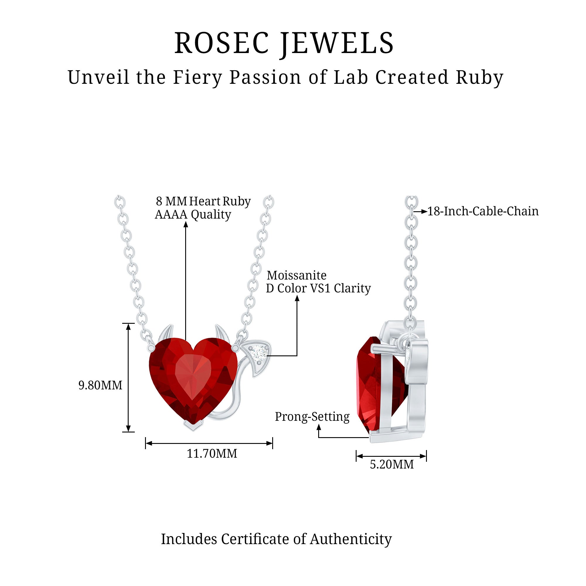 Lab Grown Ruby Devil Heart Necklace with Diamond AAAA - Rosec Jewels