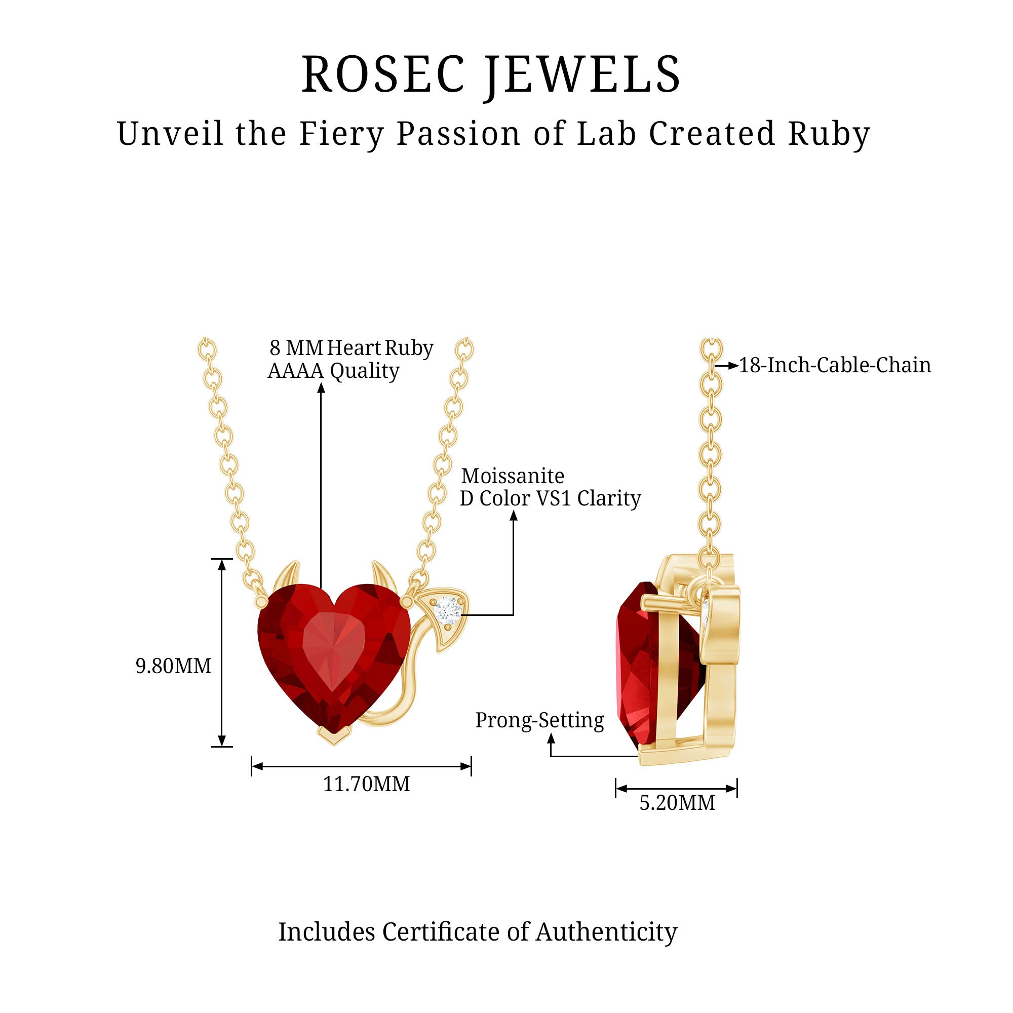 Lab Grown Ruby Devil Heart Necklace with Diamond AAAA - Rosec Jewels