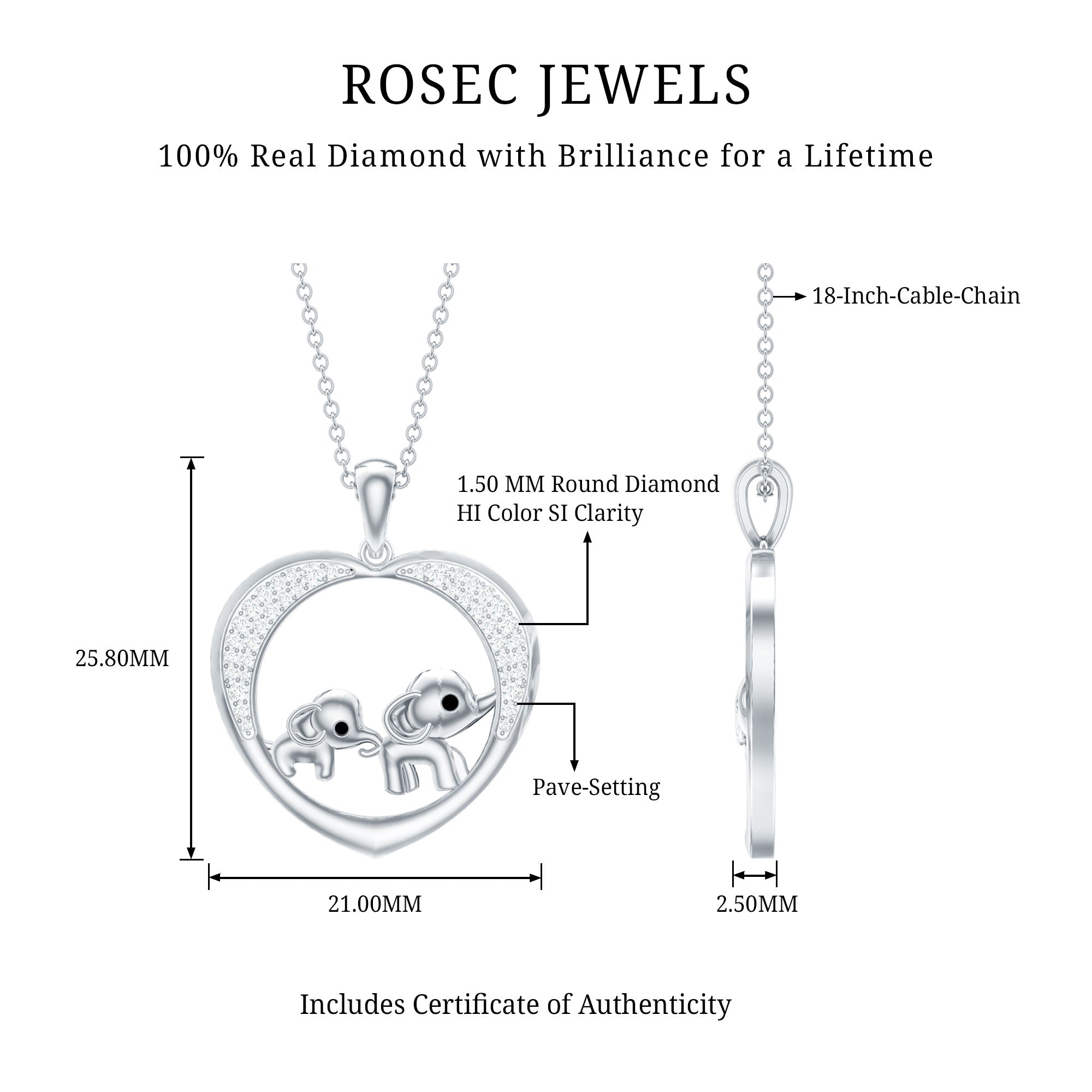 Diamond Elephant Mother Child Necklace Natural - ( HI-SI ) - Rosec Jewels