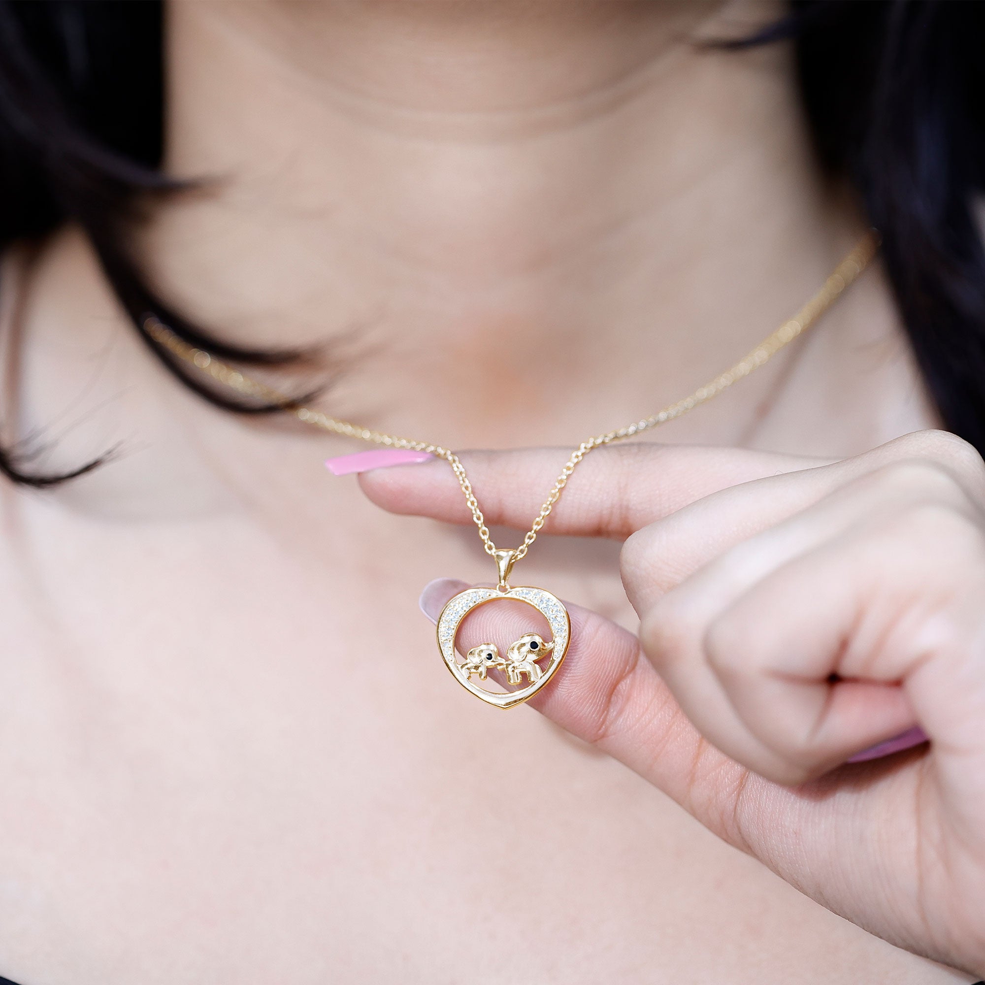 Diamond Elephant Mother Child Necklace Natural - ( HI-SI ) - Rosec Jewels